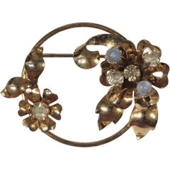 Sterling Silber Brosche mit Mondsteinen und Strasssteinen aus der Jahrhundertmitte