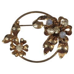 Mid-Century Sterling Silver Floral Circle Brooch with Moonstones and Rhinestones