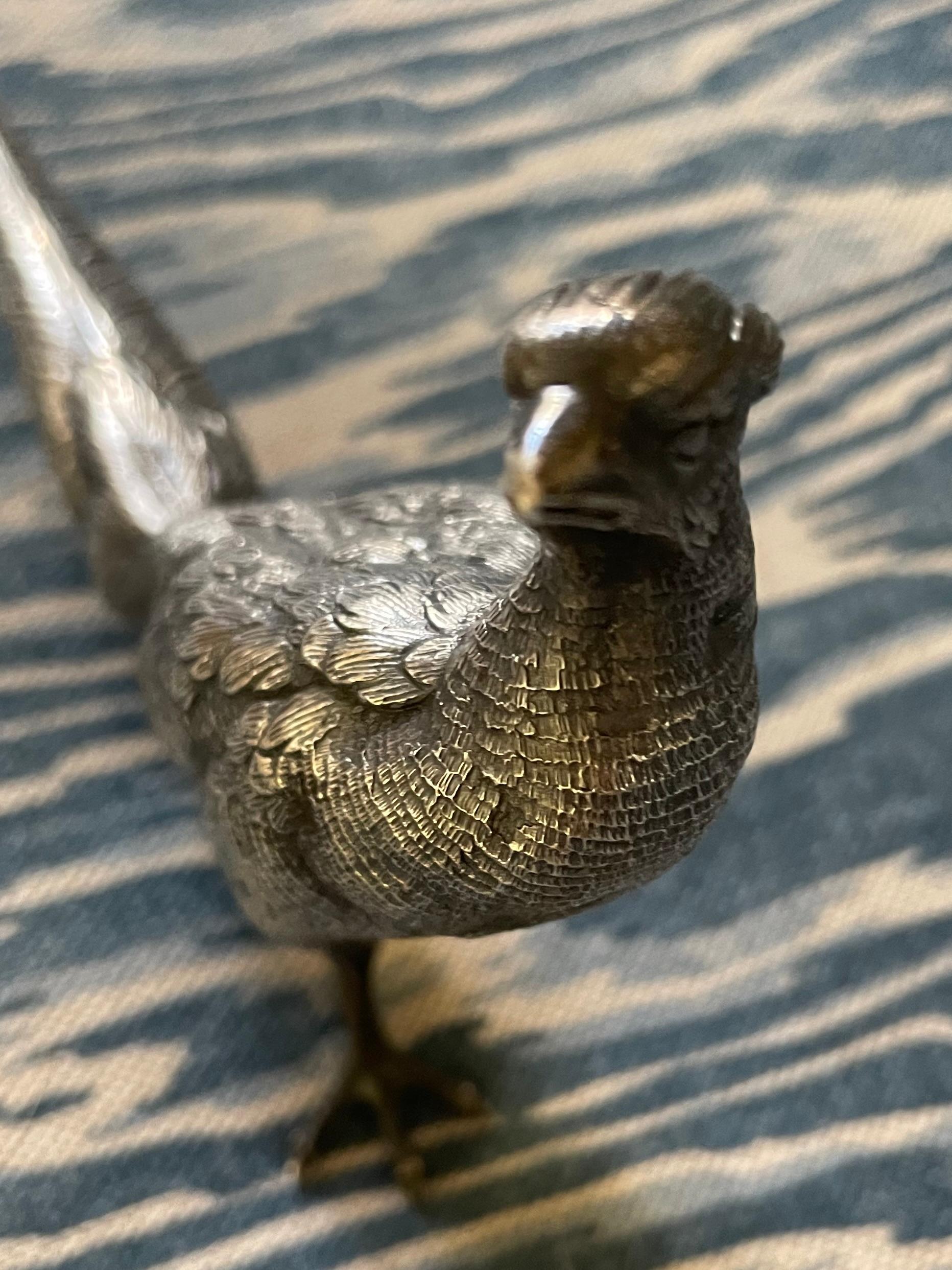 Italian silver pheasant table ornament. Realistically modeled sterling silver pheasant sculpture from the famed Argenteria Miracoli Milano. Silver markings 