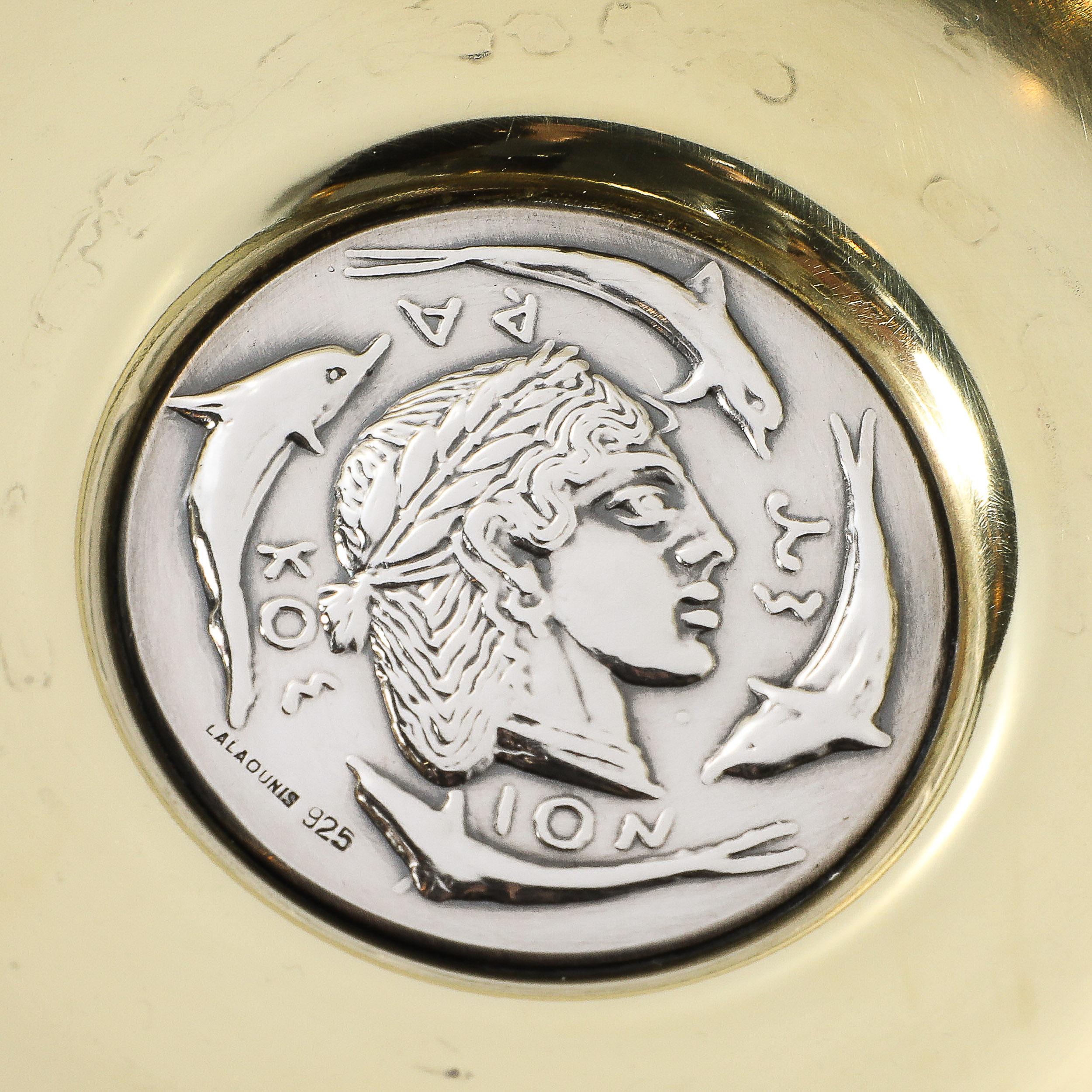 Mid-Century Sterling Silver & Polished Brass Tray of Apollo signed Lalaounis For Sale 4