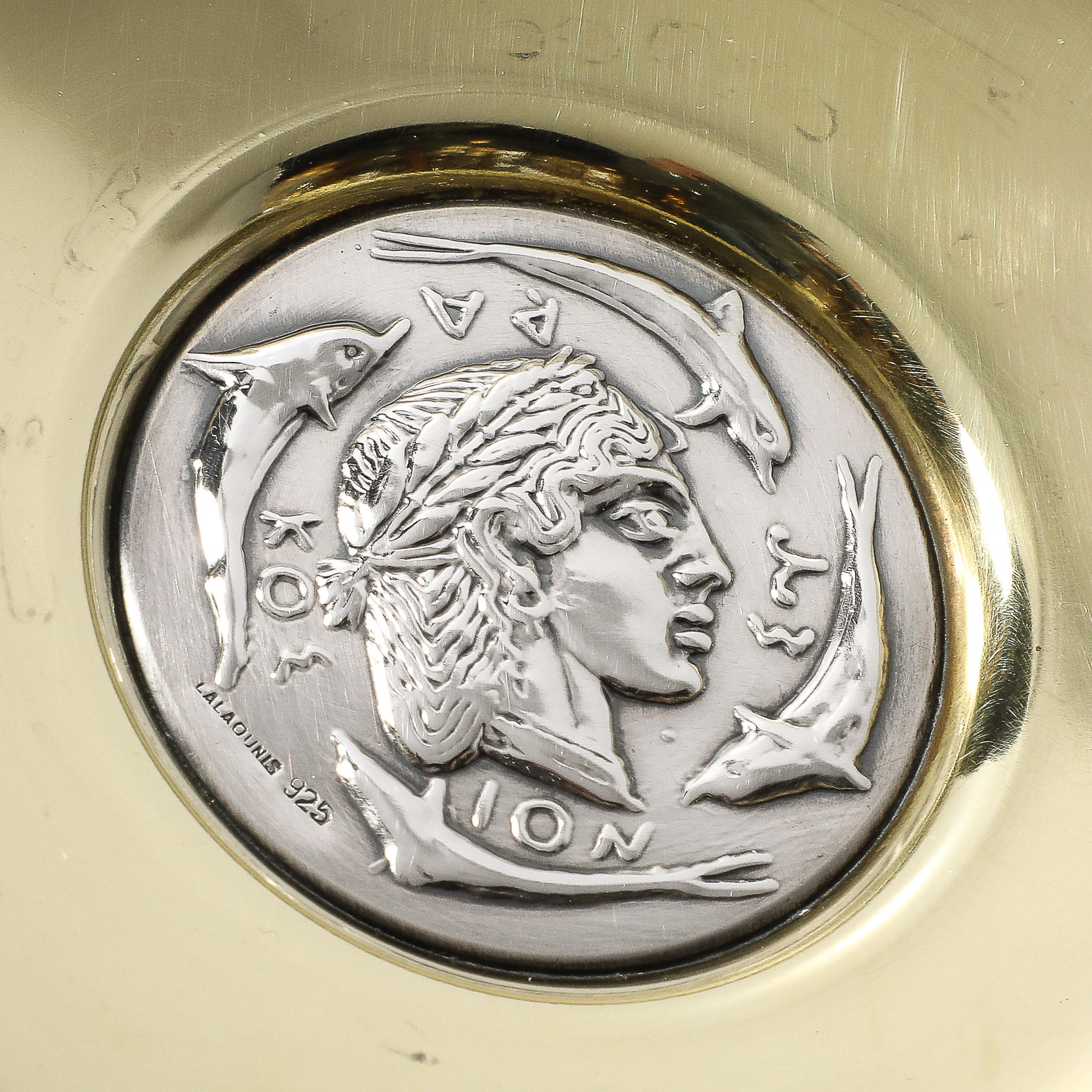 Mid-Century Modern Mid-Century Sterling Silver & Polished Brass Tray of Apollo signed Lalaounis For Sale
