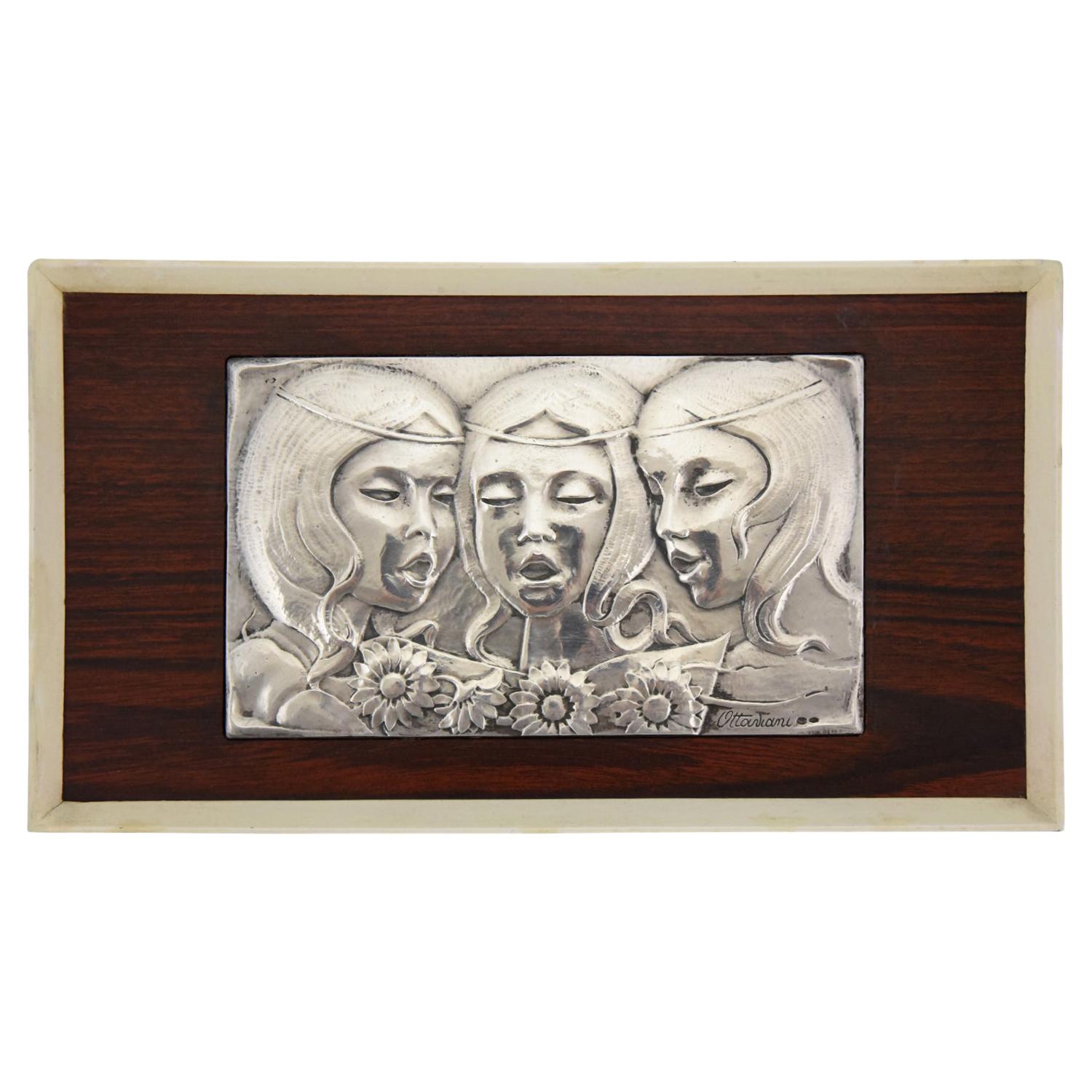 Midcentury Sterling Silver Wall Panel Singing Girls Ottaviani, Italy, 1960 For Sale