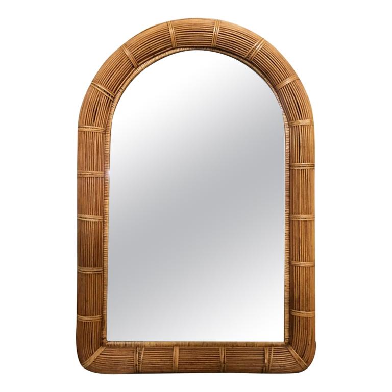 Midcentury Stick Rattan Arch Top Wall Mirror, American, 1970s