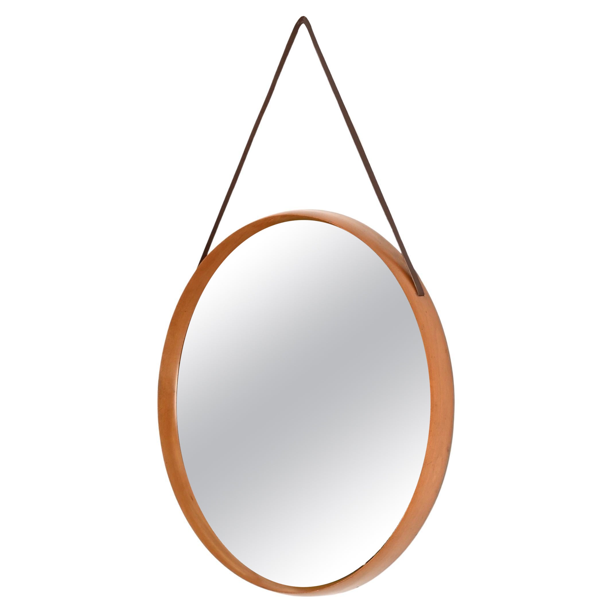 Miroir mural rond en noyer et cuir du milieu du siècle, Stildomus, Italie, années 1960