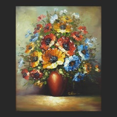 Mid Century Still Life ‘Anemones’ Oil on Canvas 50s French Kitsch FREE SHIPPING