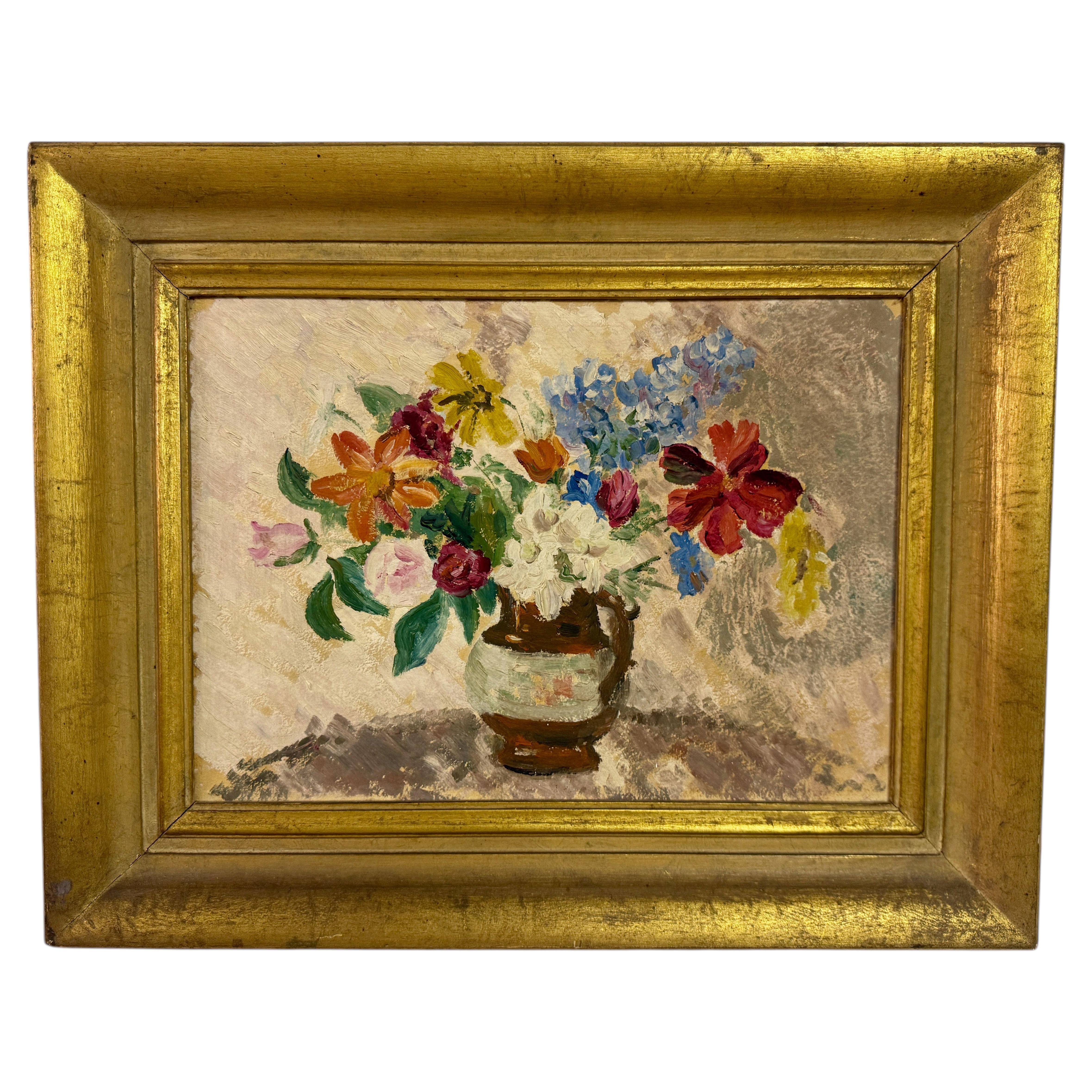Blumenstillleben aus der Mitte des Jahrhunderts Öl auf Karton