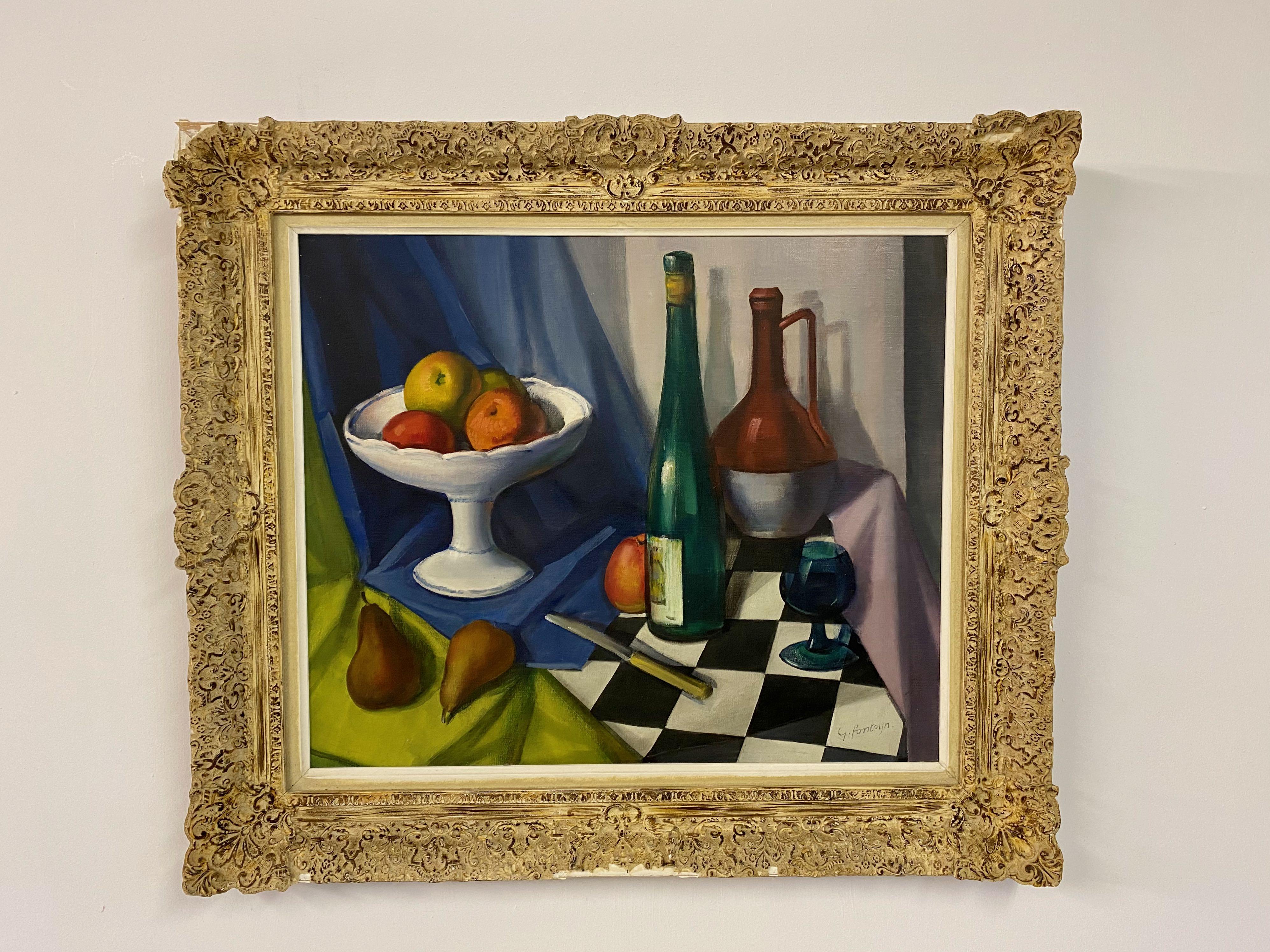 Still life 

Oil on canvas

Ornate frame with some damage to carving

Belgian mid century.
