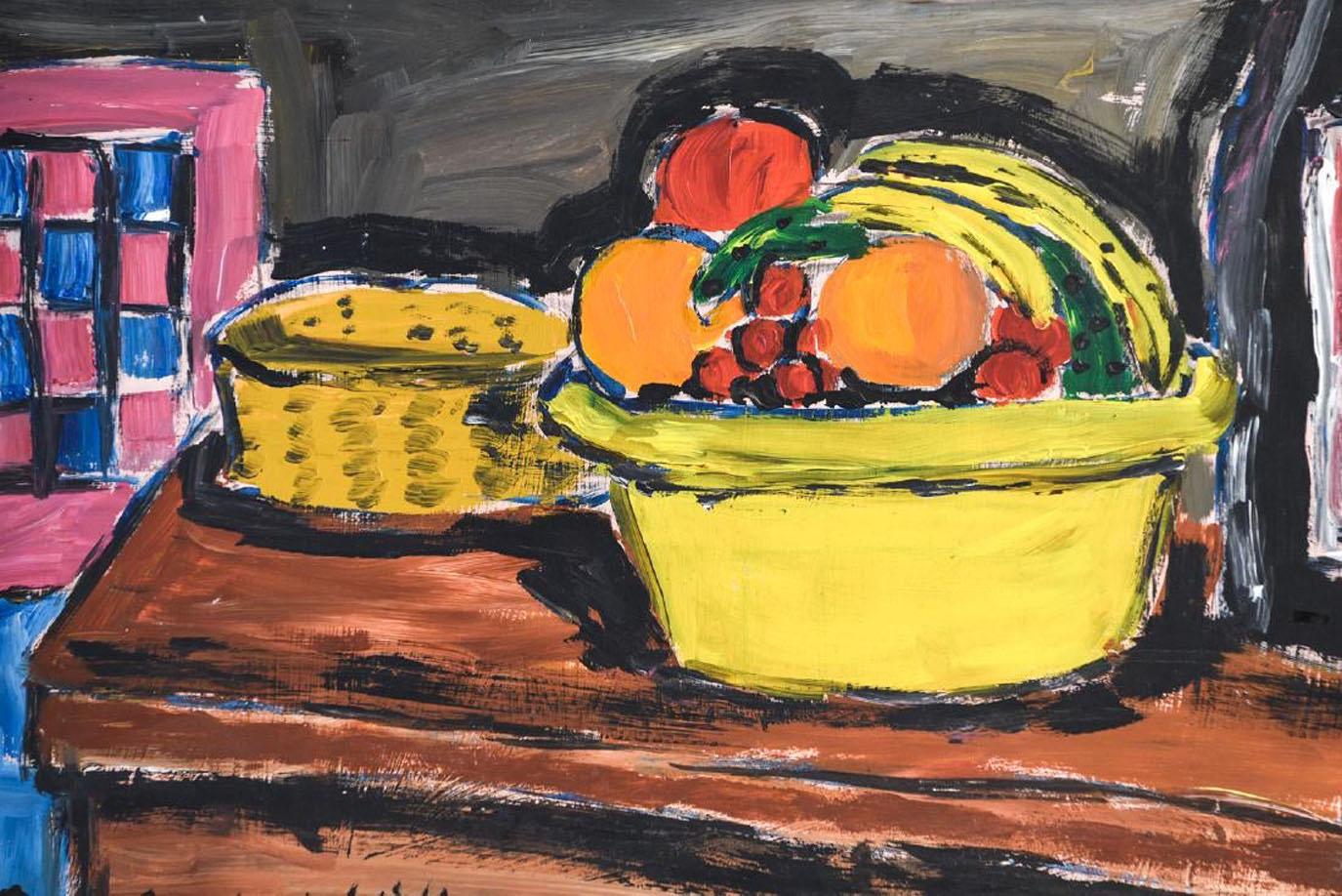The midcentury still life painting is oil on masonite and is signed in the lower left corner. The focus of the composition is a yellow bowl of bananas, peaches and cherries sitting on a chest next to a woven basket. These objects are outlined in