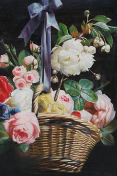 Mid-Century Still Life Oil Painting of a Basket of Flower and Bow in a Giltwood