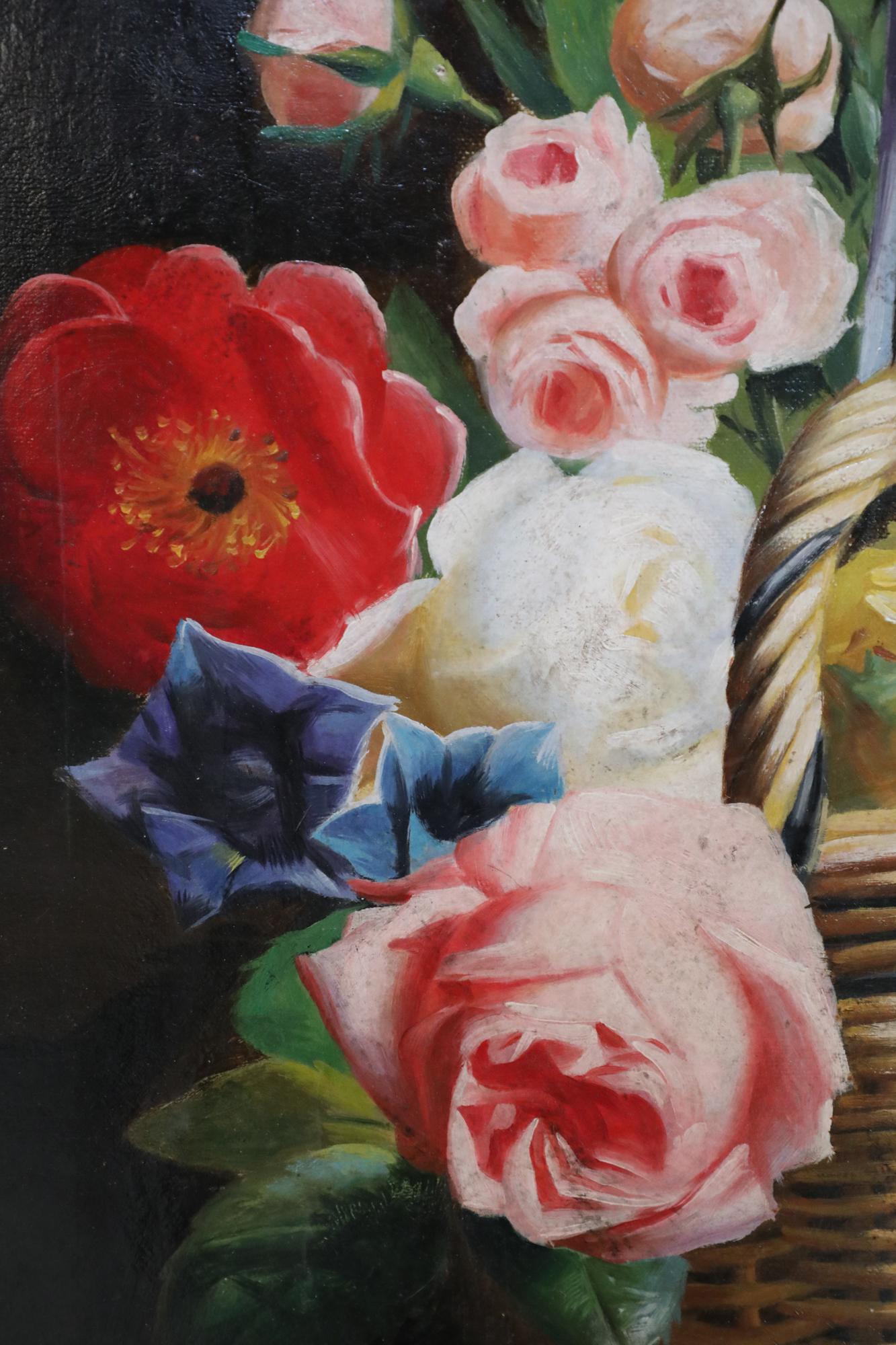 20th Century Mid-Century Still Life Oil Painting of a Basket of Flower and Bow in a Giltwood For Sale