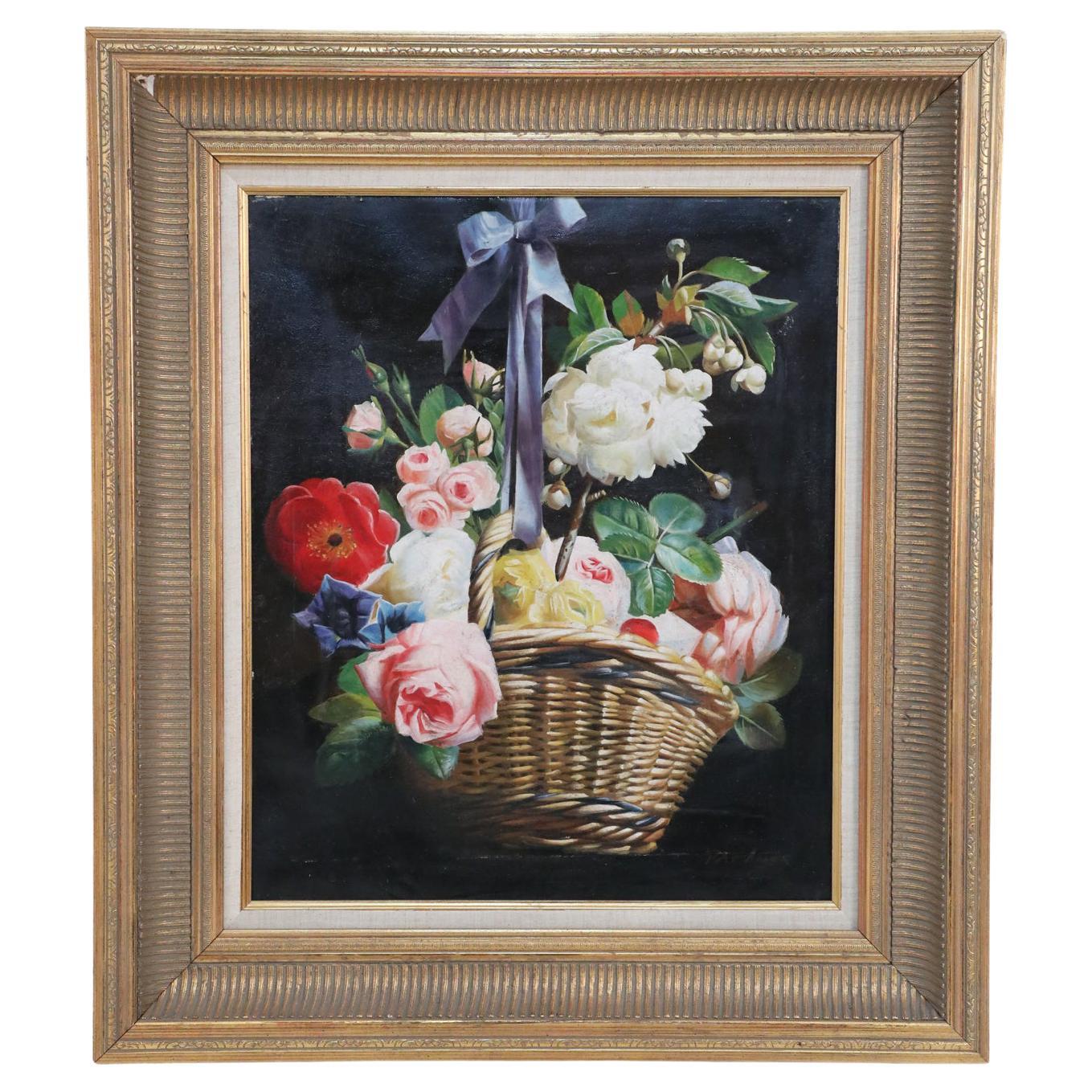 Bodegón de mediados de siglo Pintura al óleo de una cesta de flores y un lazo en un giltwood