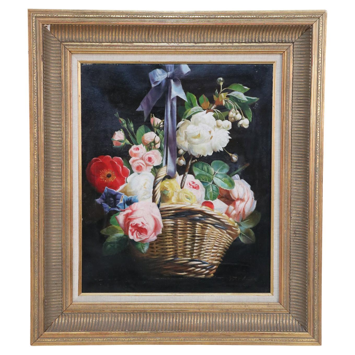 Nature morte du milieu du siècle - Peinture à l'huile d'un panier de fleurs et d'un nœud dans un bois doré 