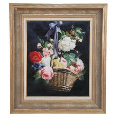 Mid-Century Still Life Oil Painting of a Basket of Flower and Bow in a Giltwood 
