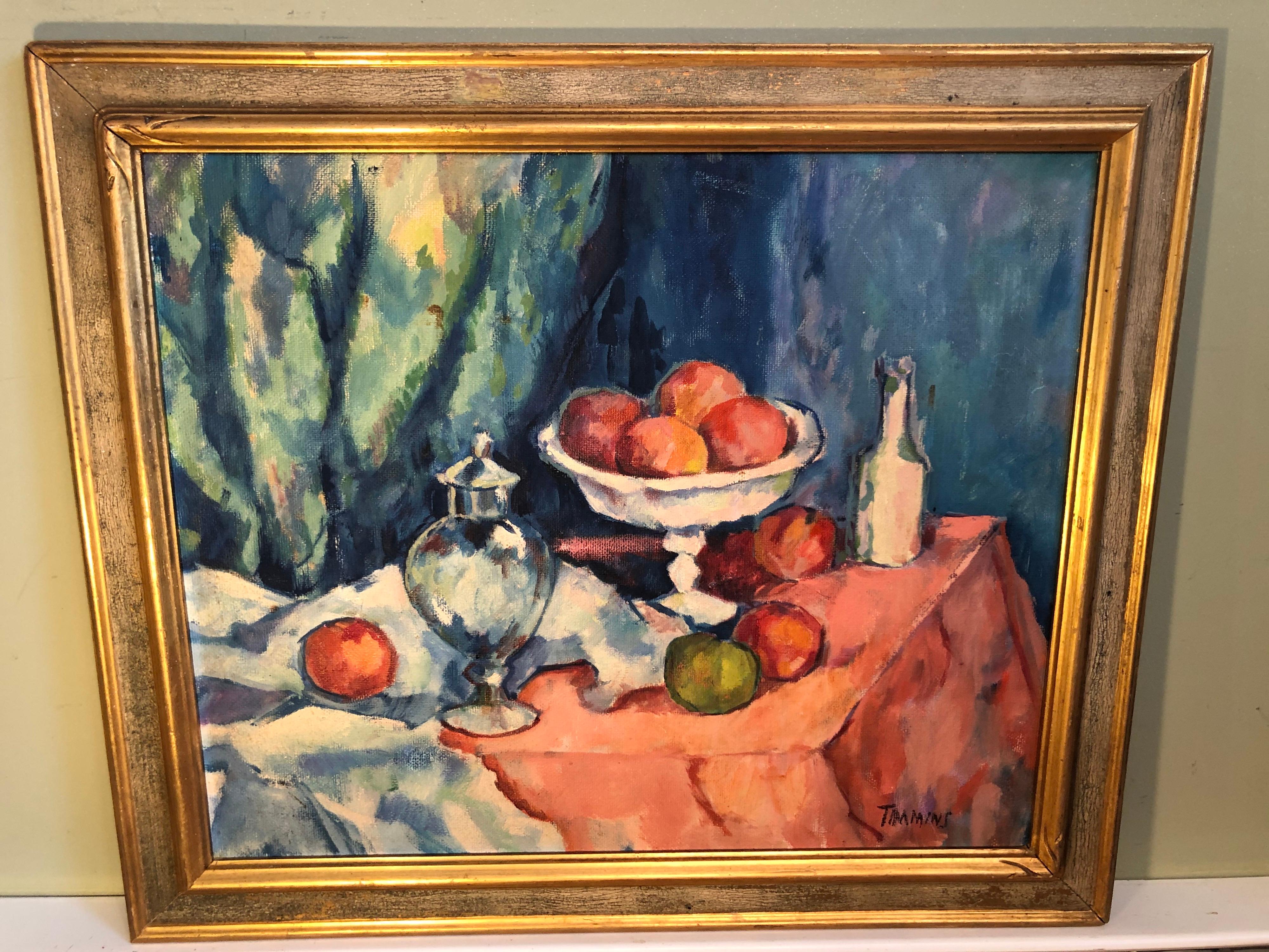 Fruit still life on board signed Timmons. Attributed to William Federick Timmons(1915-1985) . Rich colors of blue, red and pink make up this fruit still life composition.
The composition consists of fruit in a pedestal bowl and the detailed drapes
