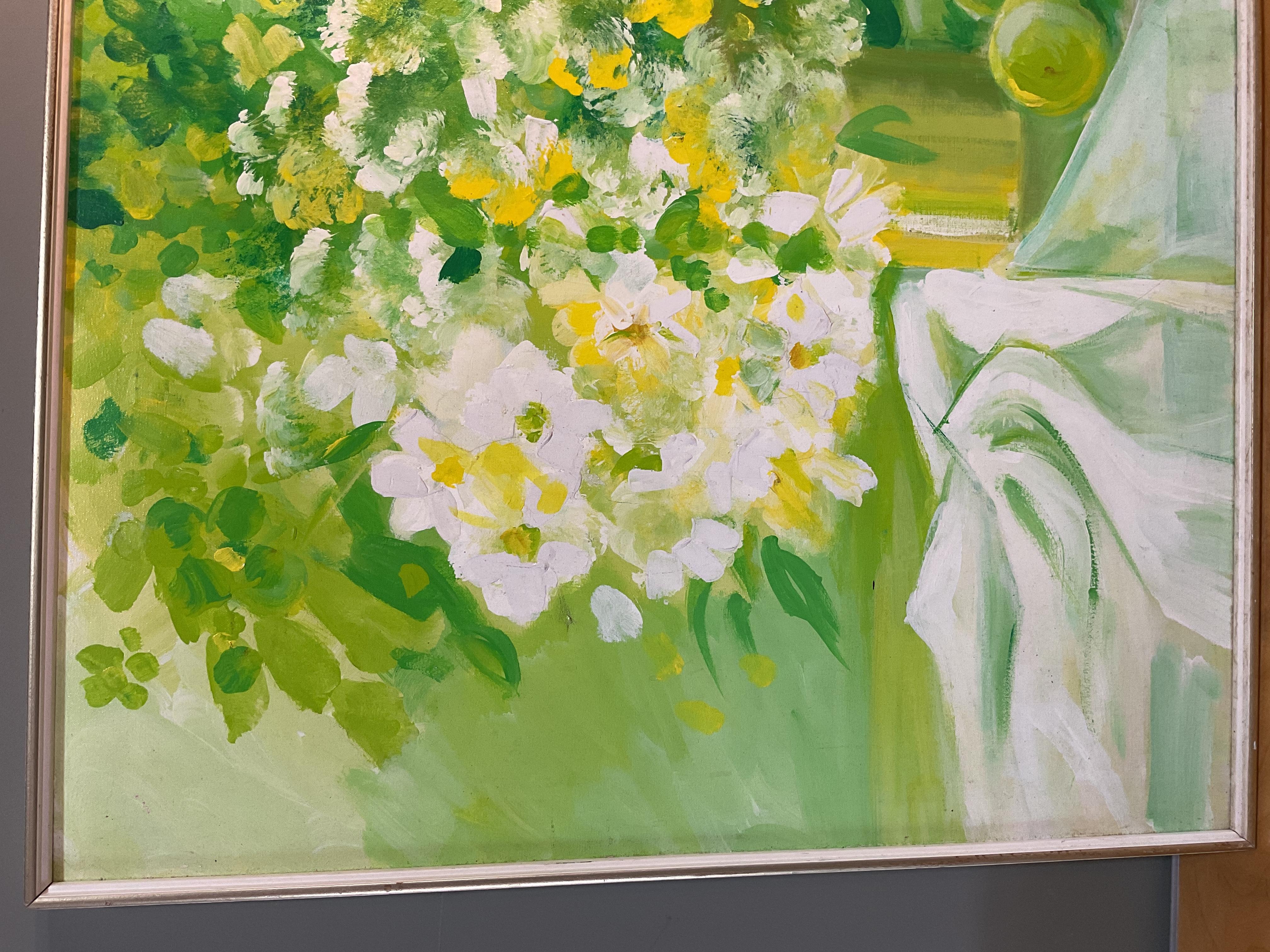 Mid century oil painting
Still life of flowers, pears, green apple, and lemon
Green, yellow, and white in coloration
Signed in bottom right hand corner

This painting is bright and refreshing and will bring light to any room.