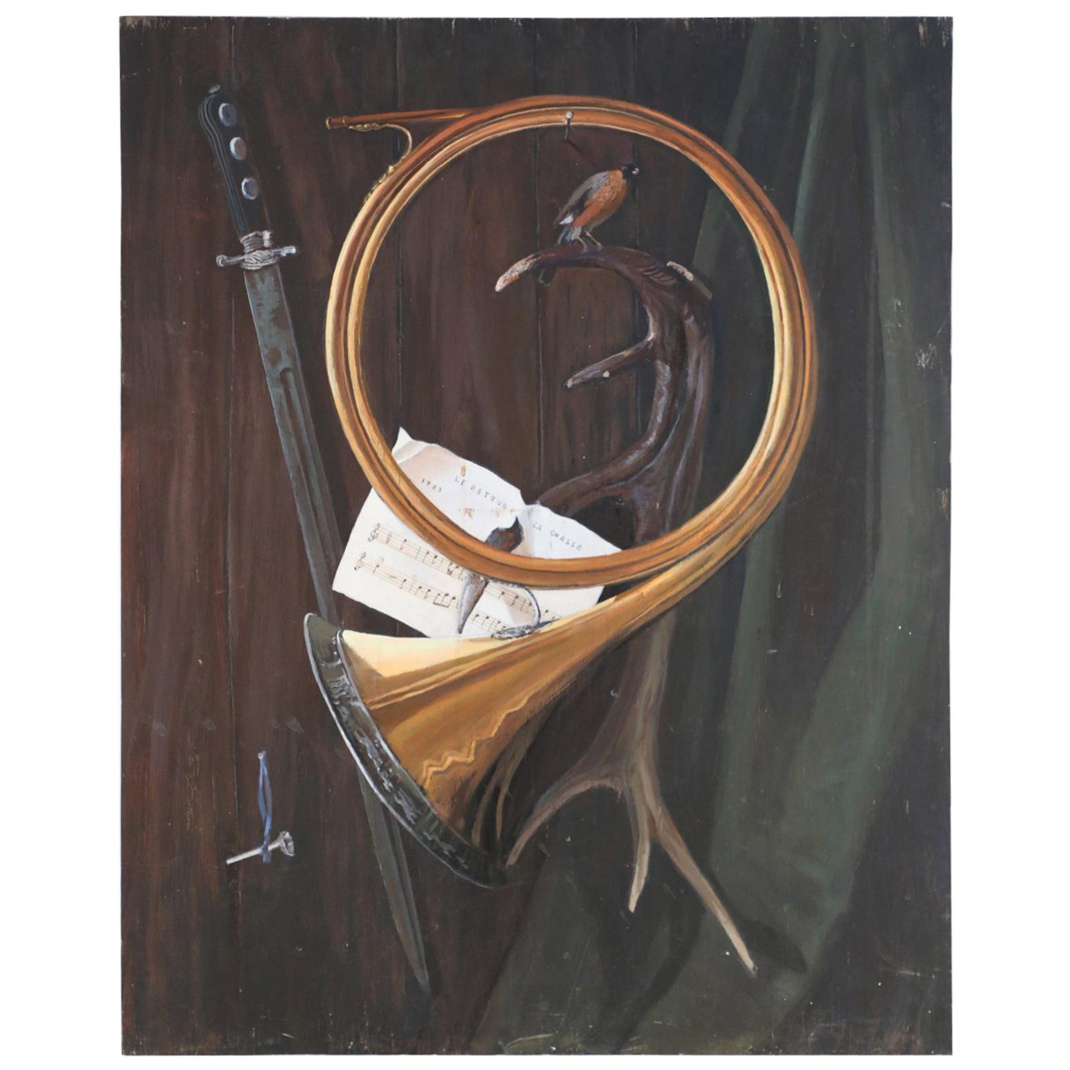 Mid-Century Still Life Painting on Wood of a Classical Scene with a Horn For Sale