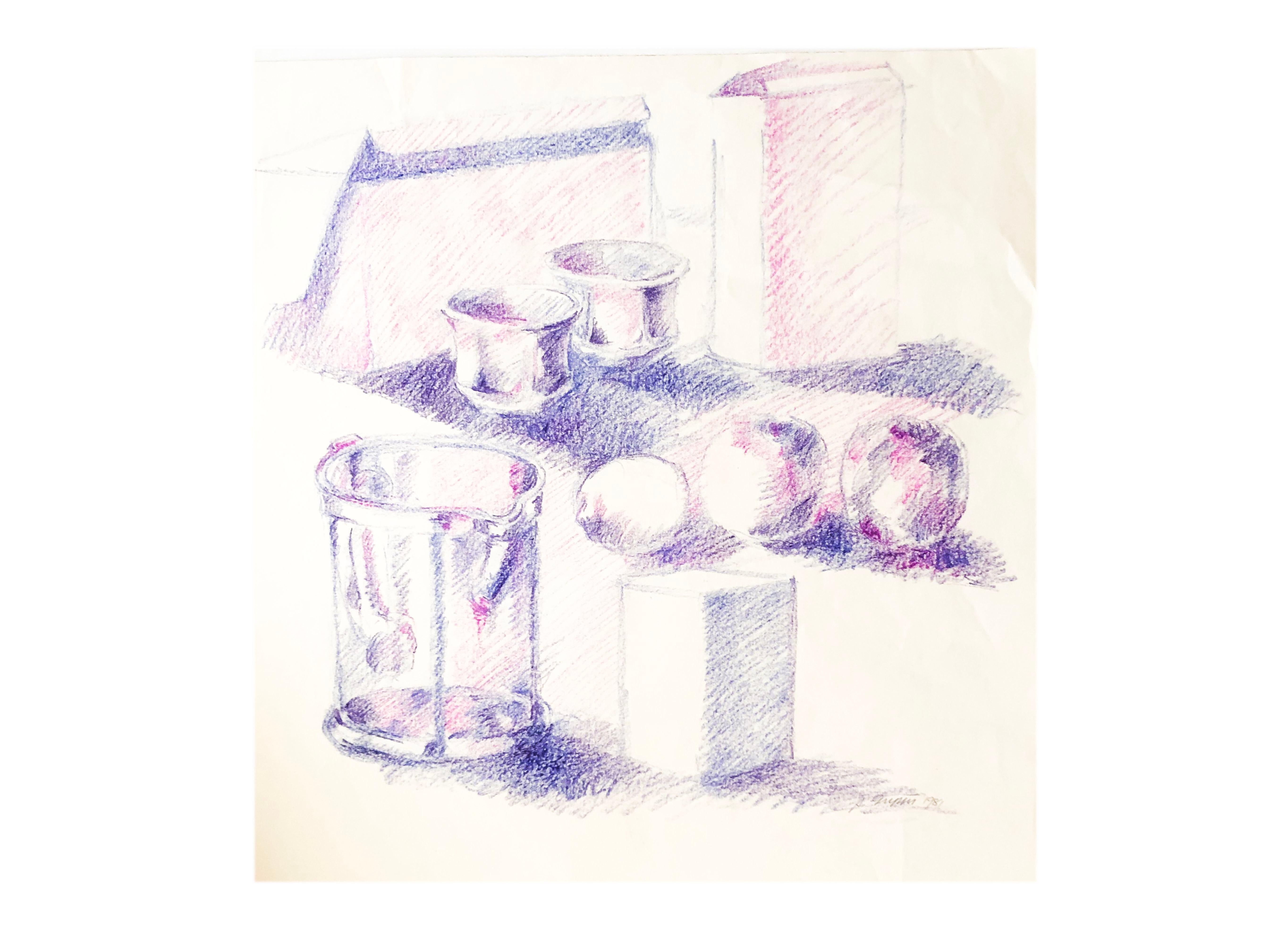 Gorgeous still life drawing by New York Ab Ex artist Salvatore Grippi. Violet oil pencil on paper.
