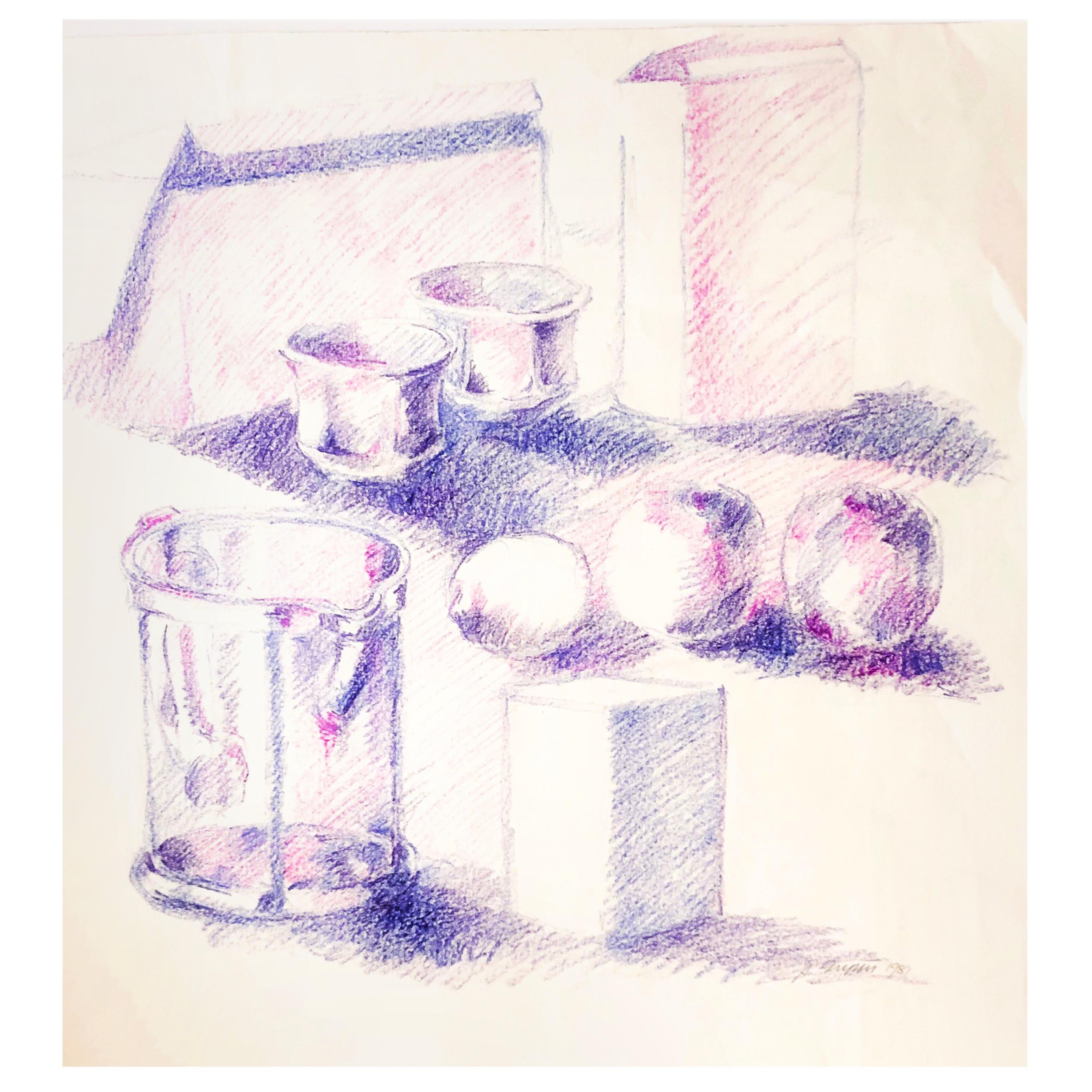 Mid-century Still-Life Violet Tabletop Pop Art Drawing by Salvatore Grippi 1960 For Sale