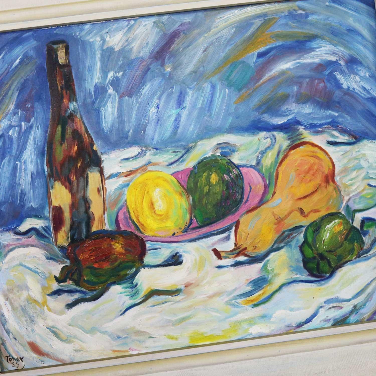 Stillleben aus der Mitte des Jahrhunderts mit Obst- und Weinflasche von Lee Tonar, 1959 im Angebot 9