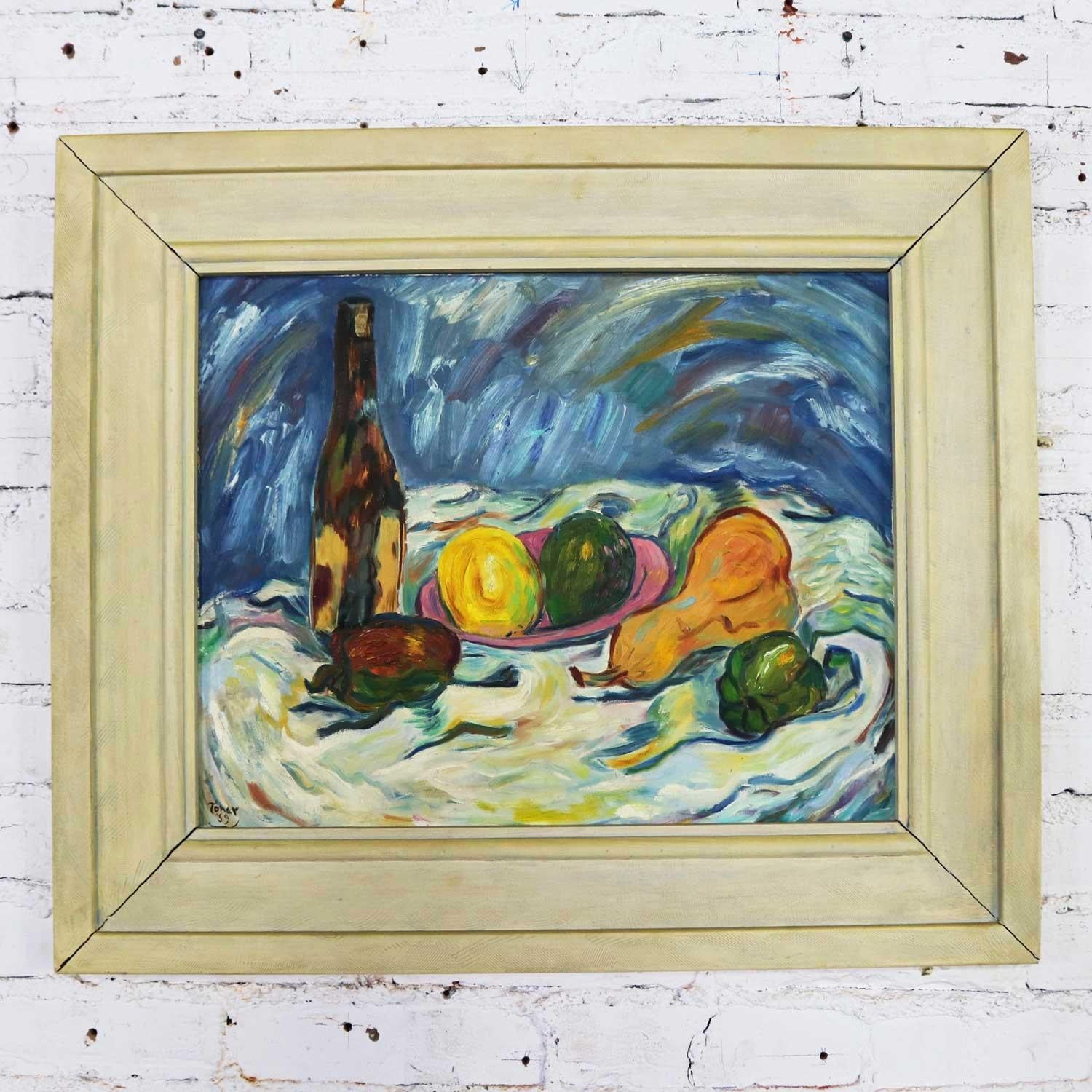 Vintage Painting Still Life with Fruit and Wine Bottle Framed Original Art
