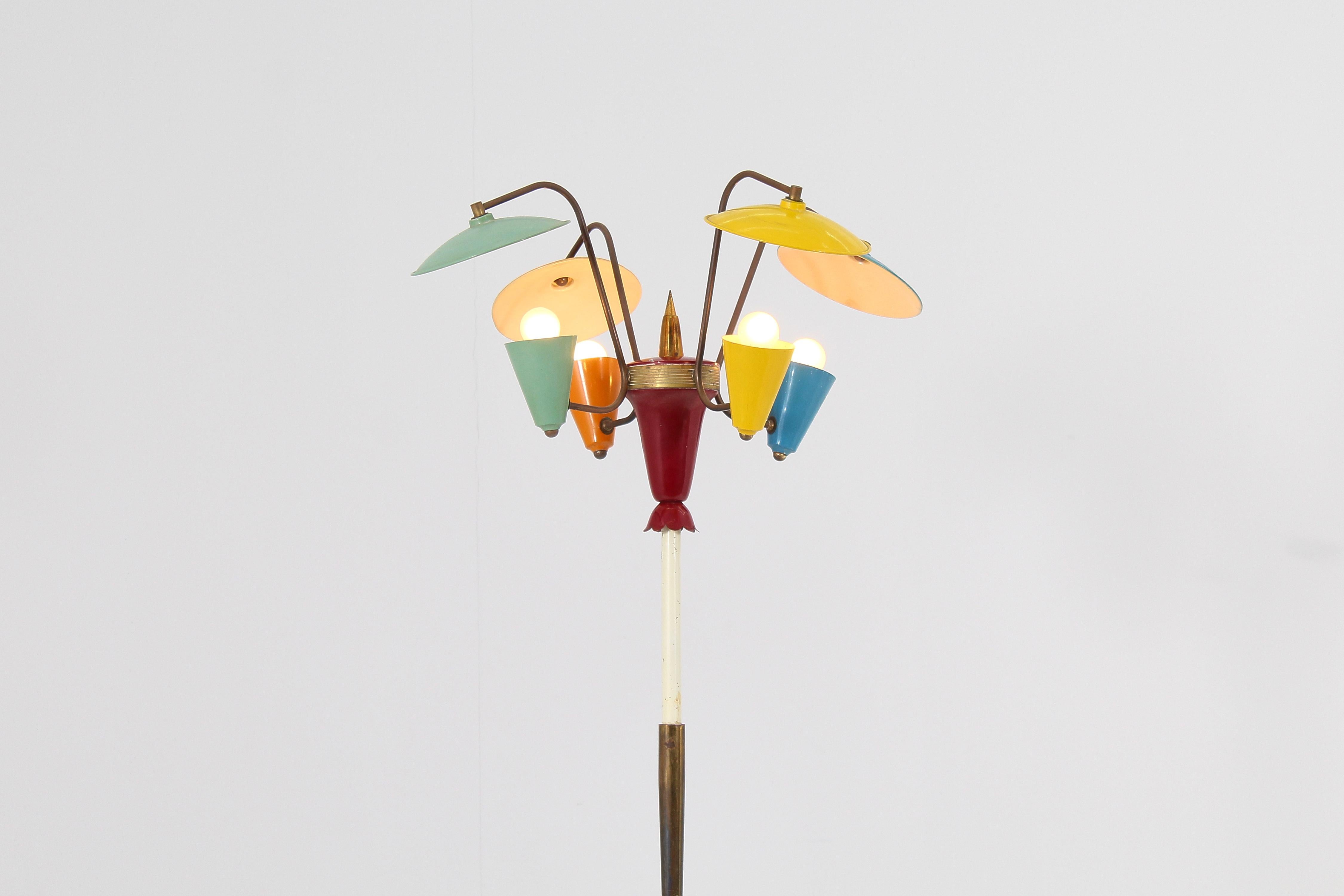 Mid-Century Stilnovo Brass and Colored Lacquered Metal Floor Lamp, Italy 50s 11
