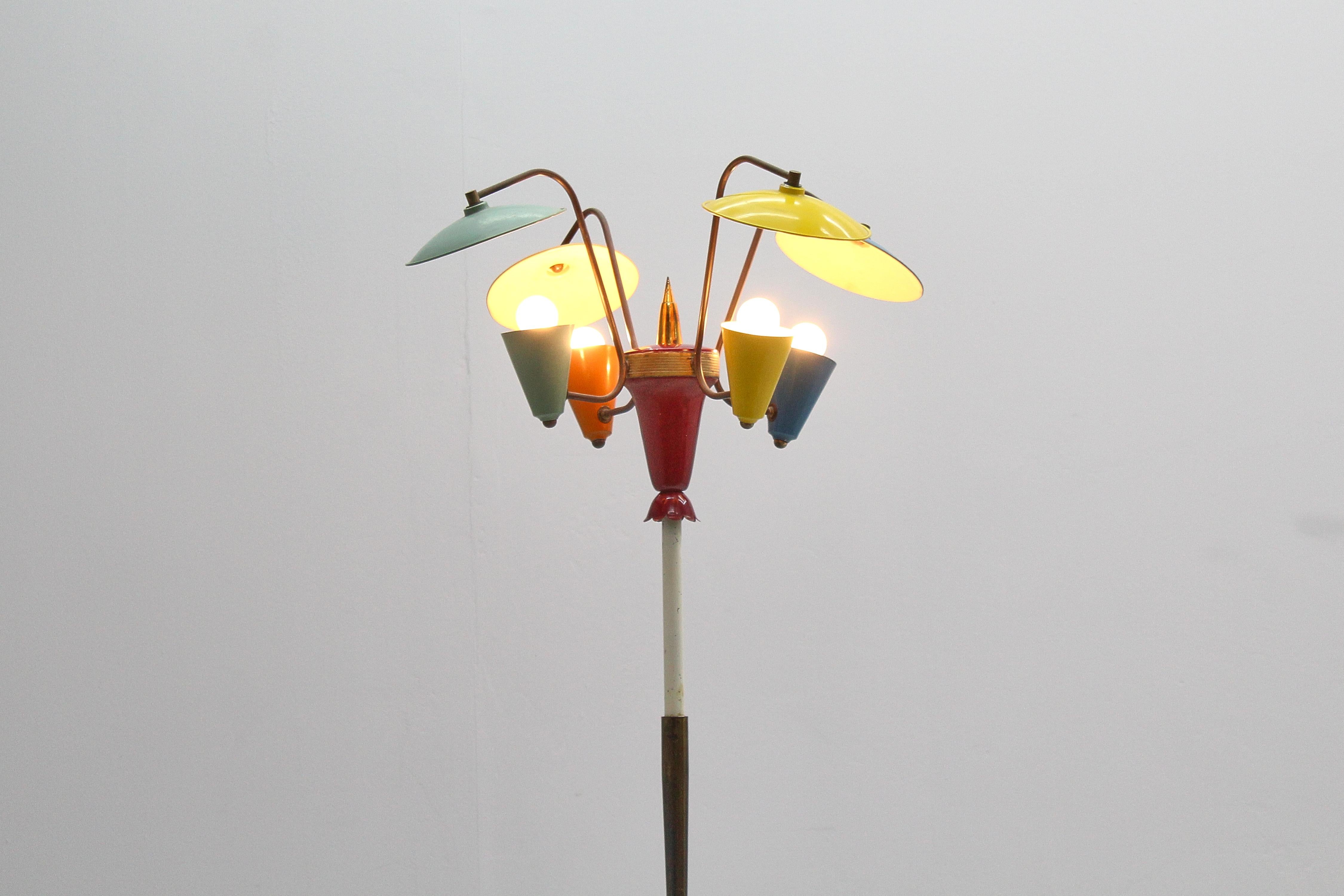 Mid-Century Stilnovo Brass and Colored Lacquered Metal Floor Lamp, Italy 50s 13