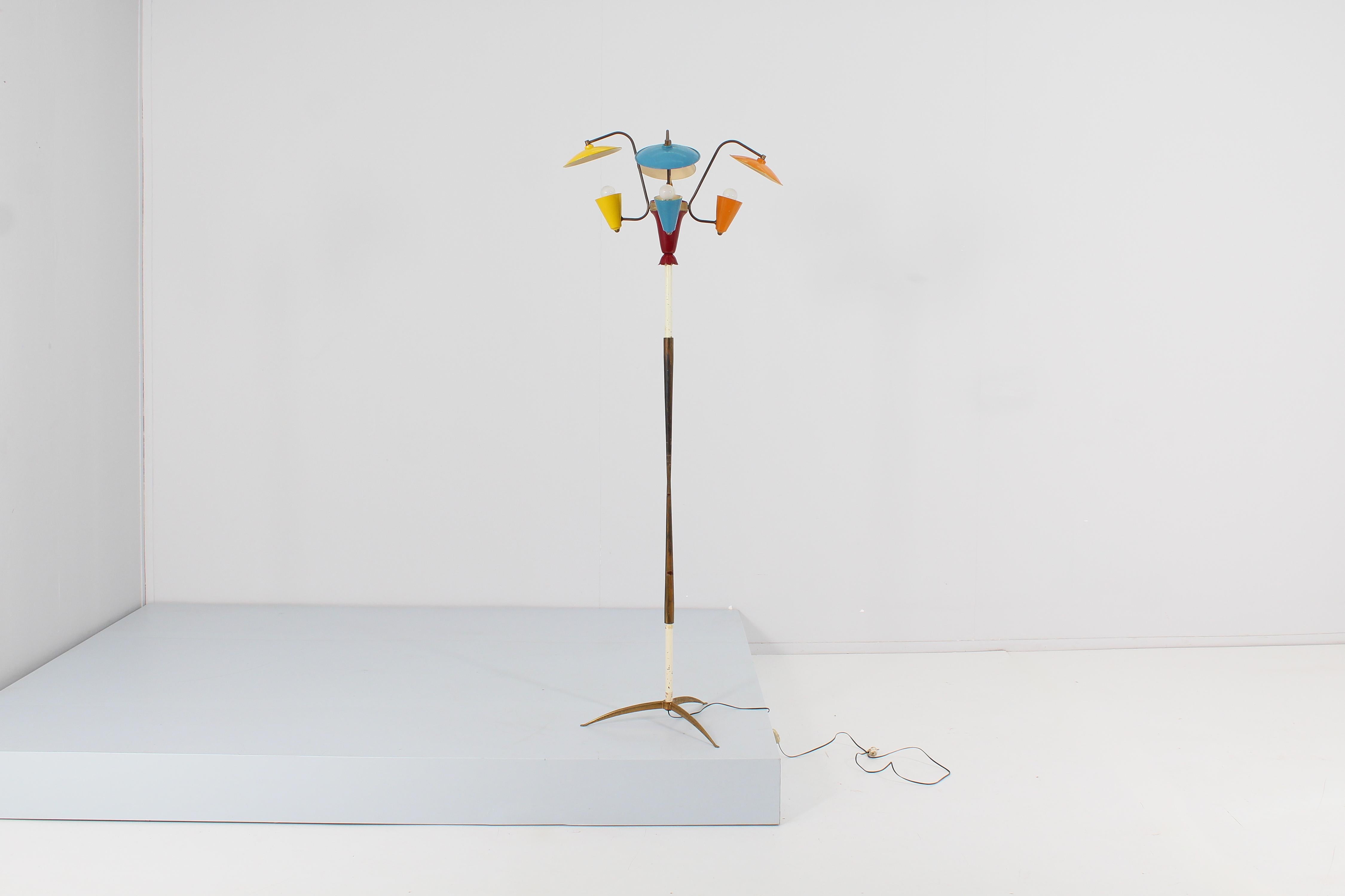 Italian Mid-Century Stilnovo Brass and Colored Lacquered Metal Floor Lamp, Italy 50s