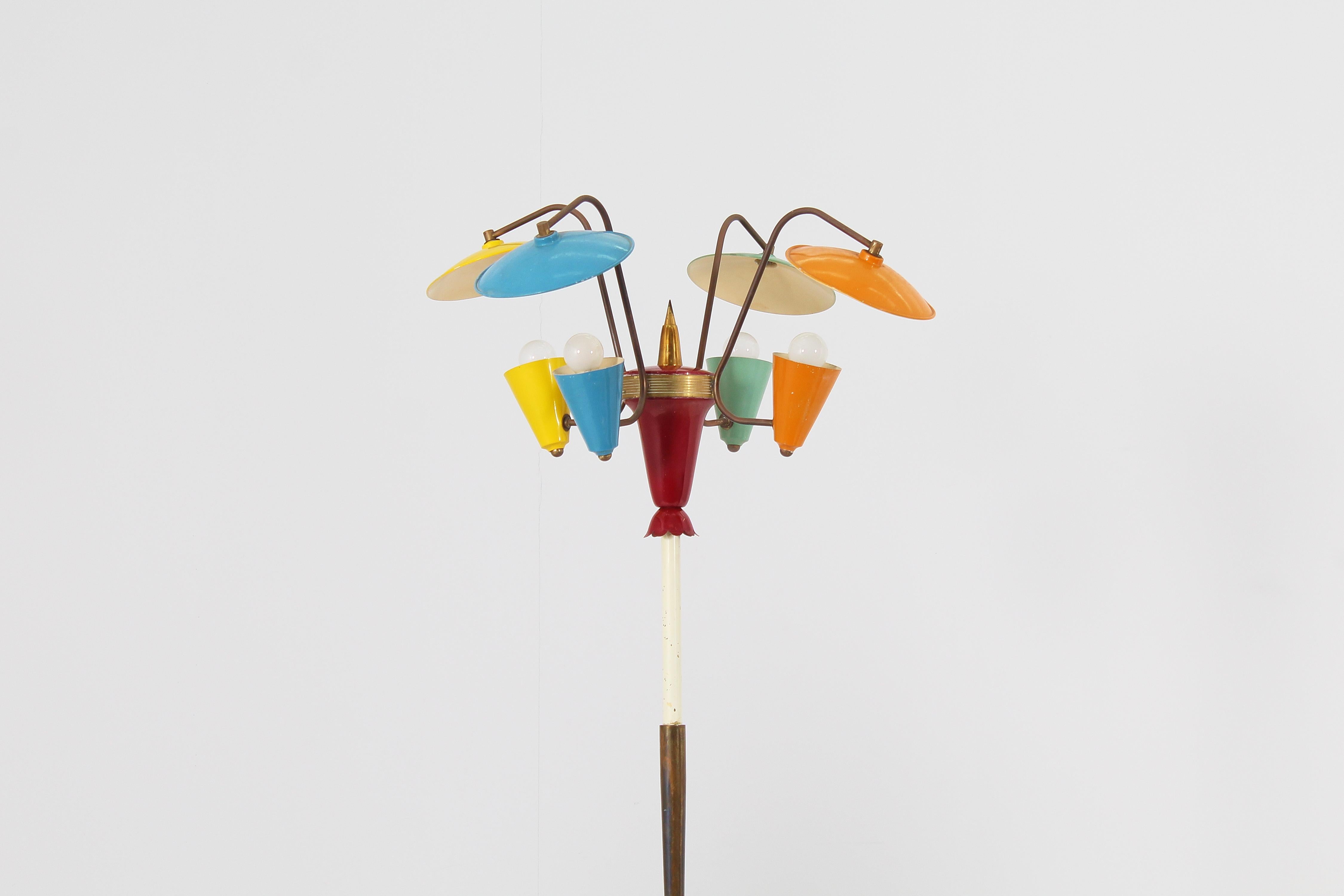 Mid-20th Century Mid-Century Stilnovo Brass and Colored Lacquered Metal Floor Lamp, Italy 50s