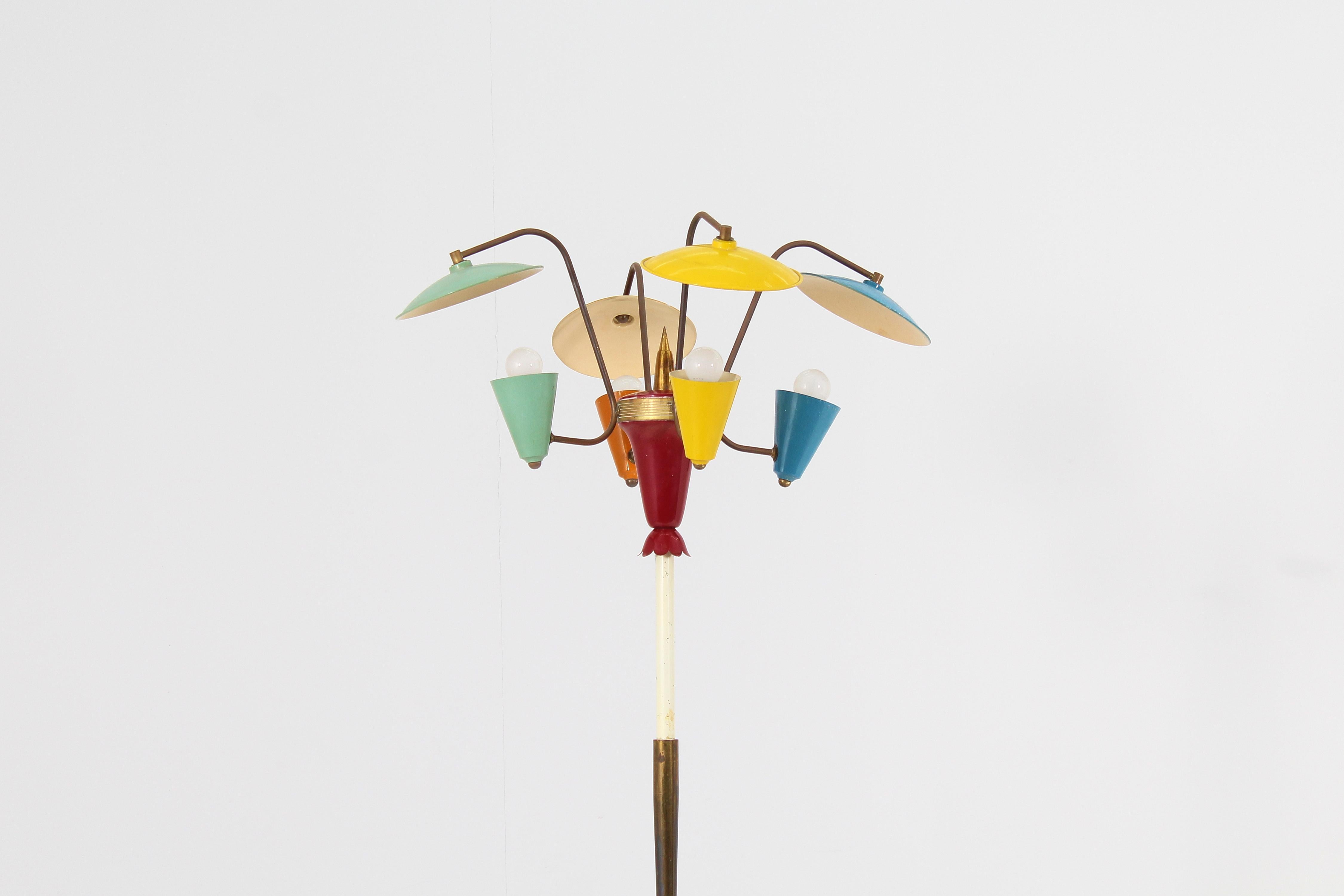 Mid-Century Stilnovo Brass and Colored Lacquered Metal Floor Lamp, Italy 50s 2