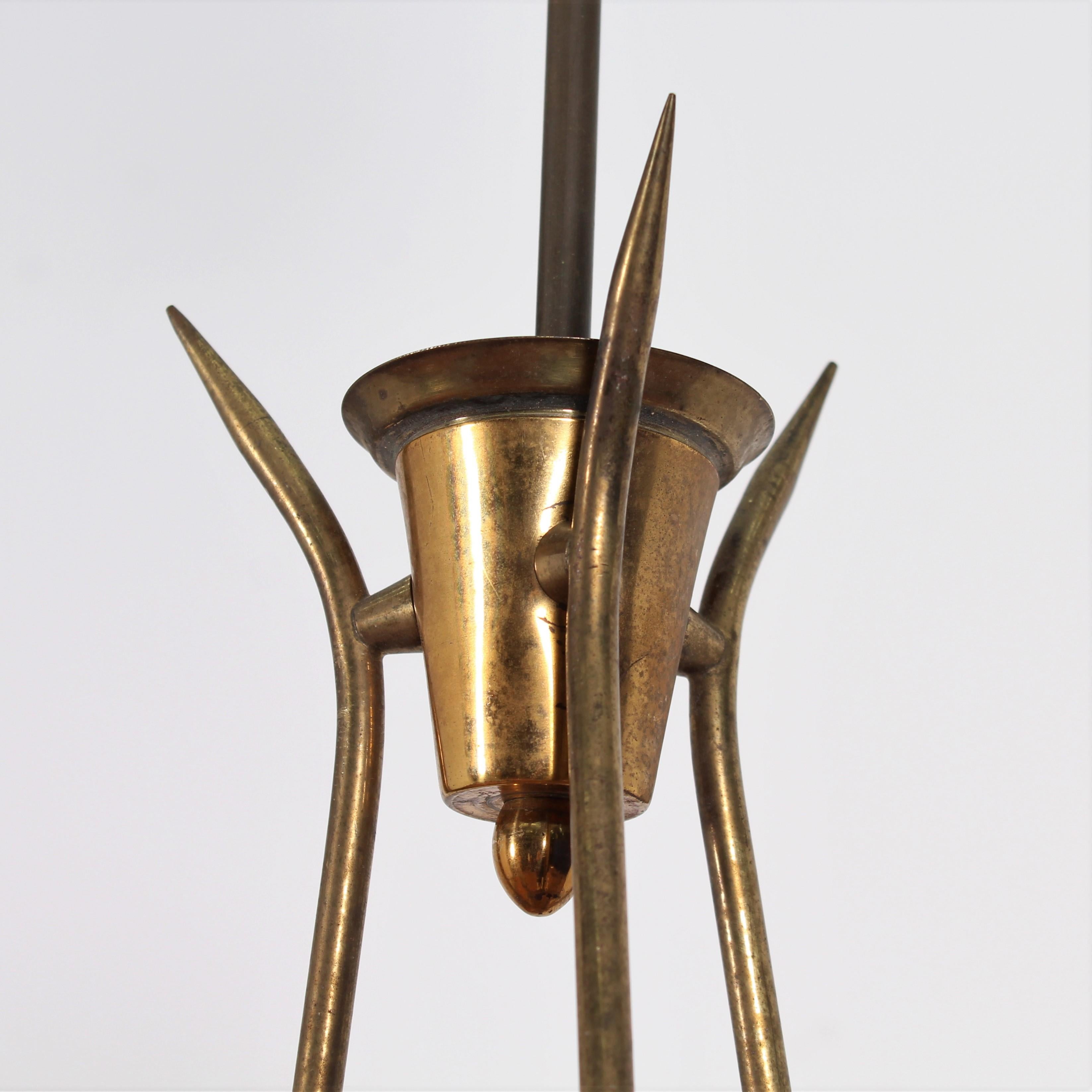Midcentury Stilnovo Style Brass and Opaline Glass Chandelier, 1960s, Italy 4
