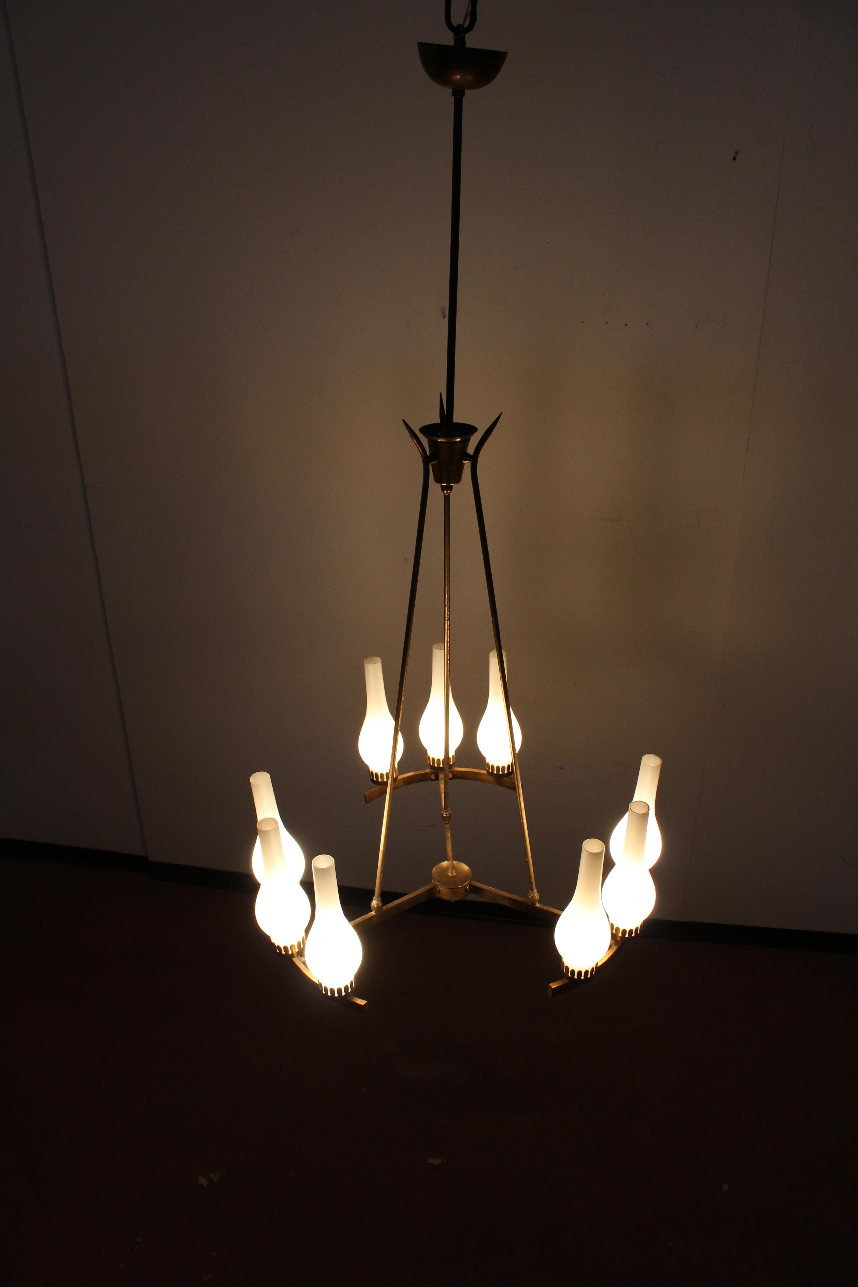 Midcentury Stilnovo Style Brass and Opaline Glass Chandelier, 1960s, Italy 11