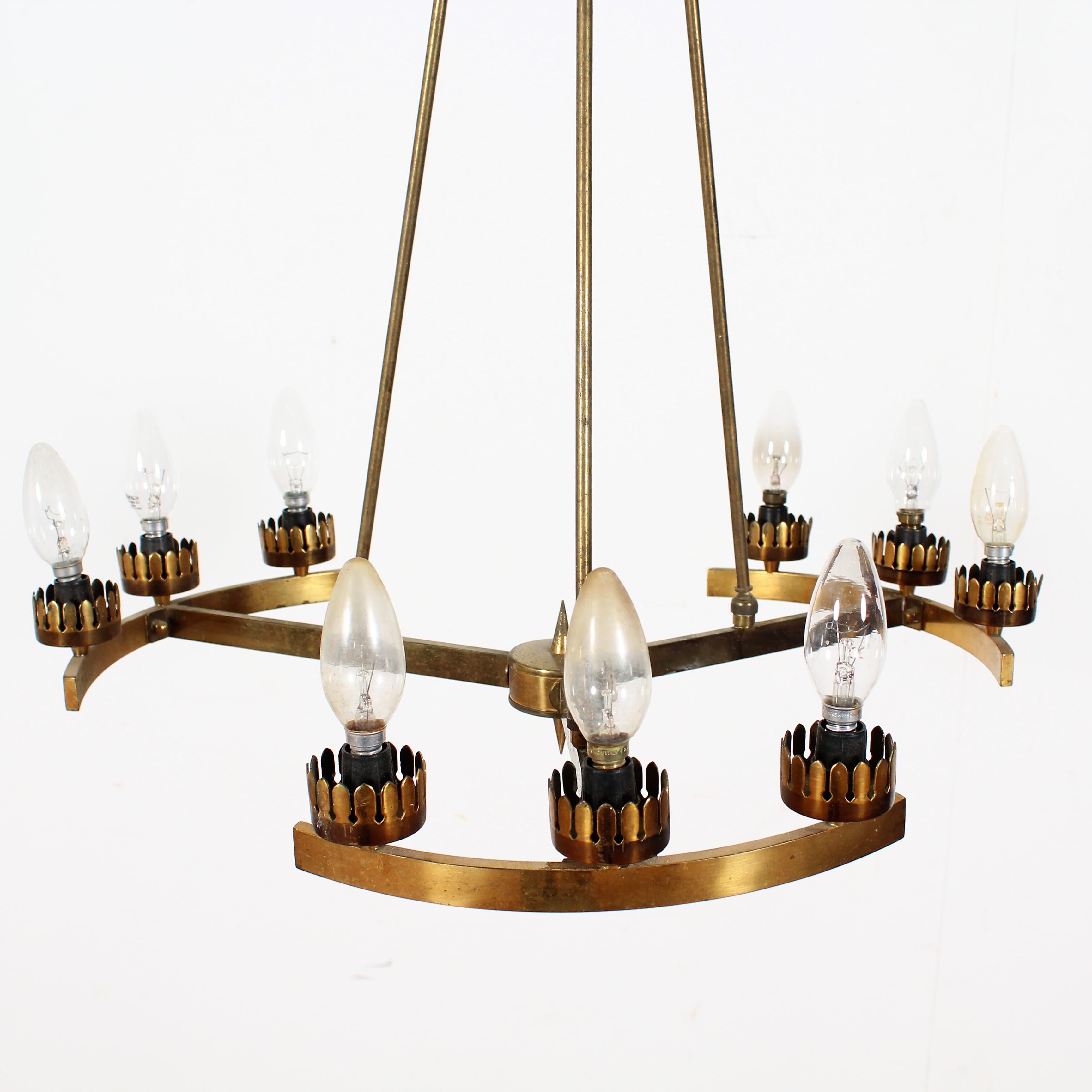 Mid-20th Century Midcentury Stilnovo Style Brass and Opaline Glass Chandelier, 1960s, Italy