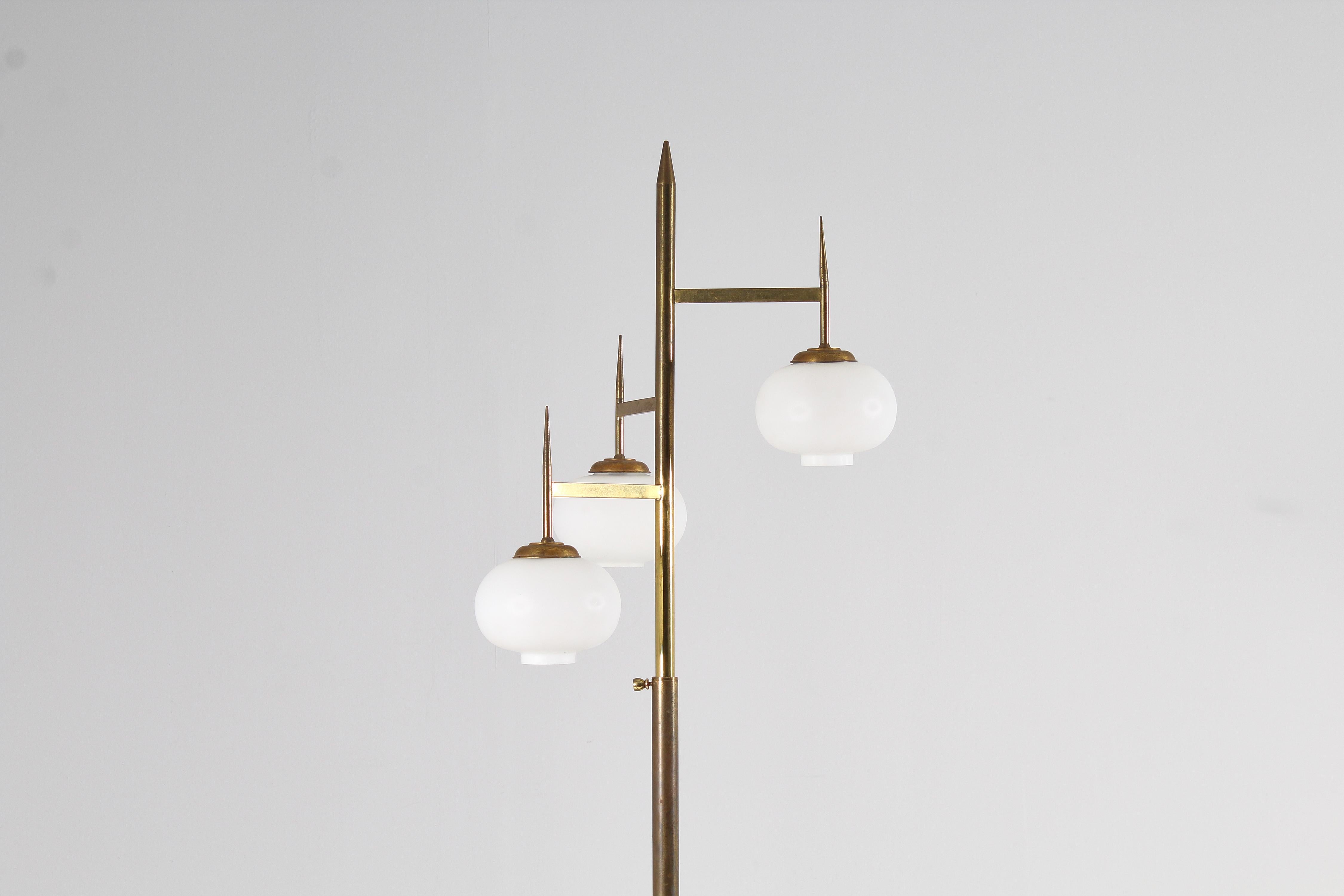 Mid-Century Stilnovo Brass and Satin Glass Floor Lamp, Italy 50s 3