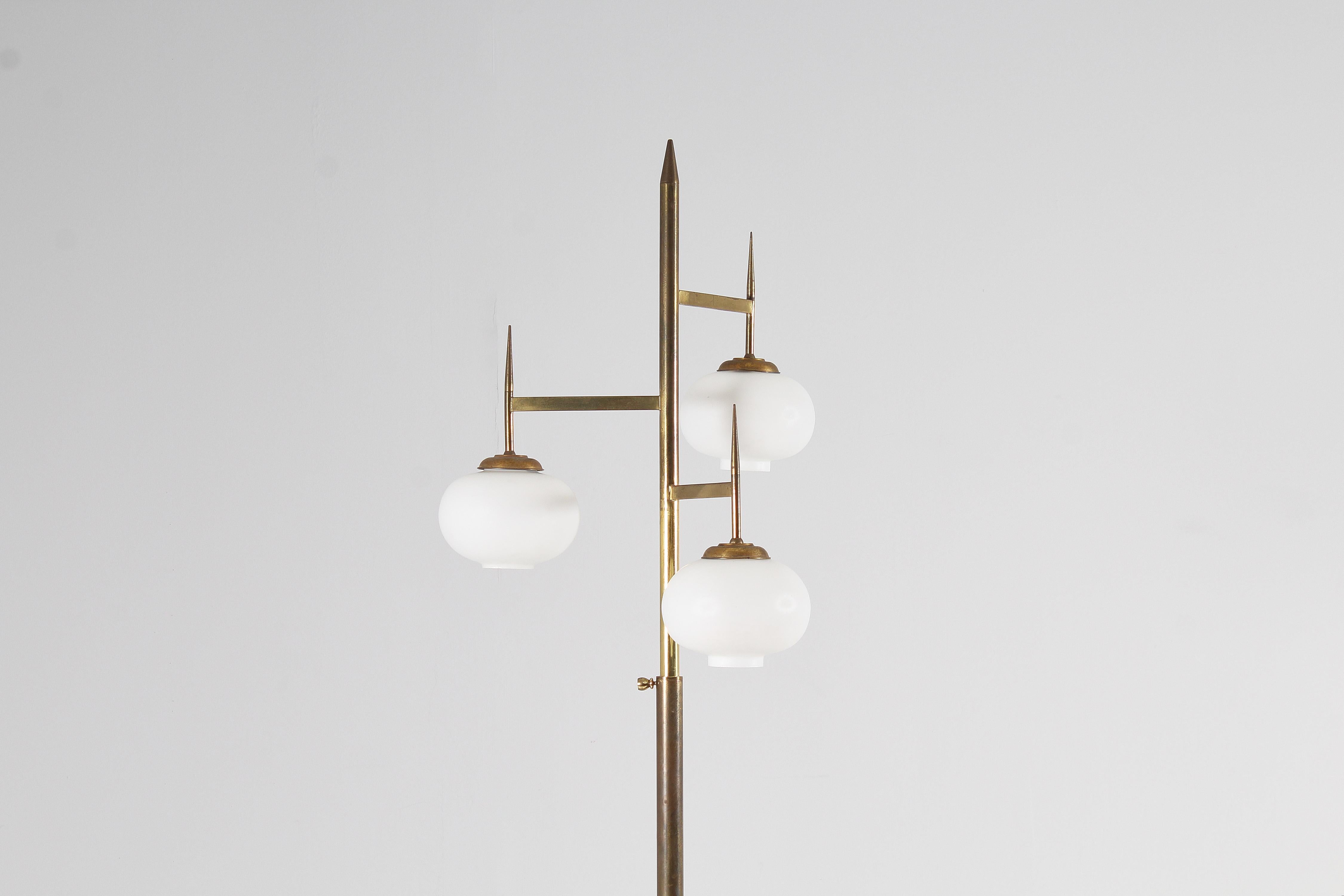 Mid-Century Stilnovo Brass and Satin Glass Floor Lamp, Italy 50s 4