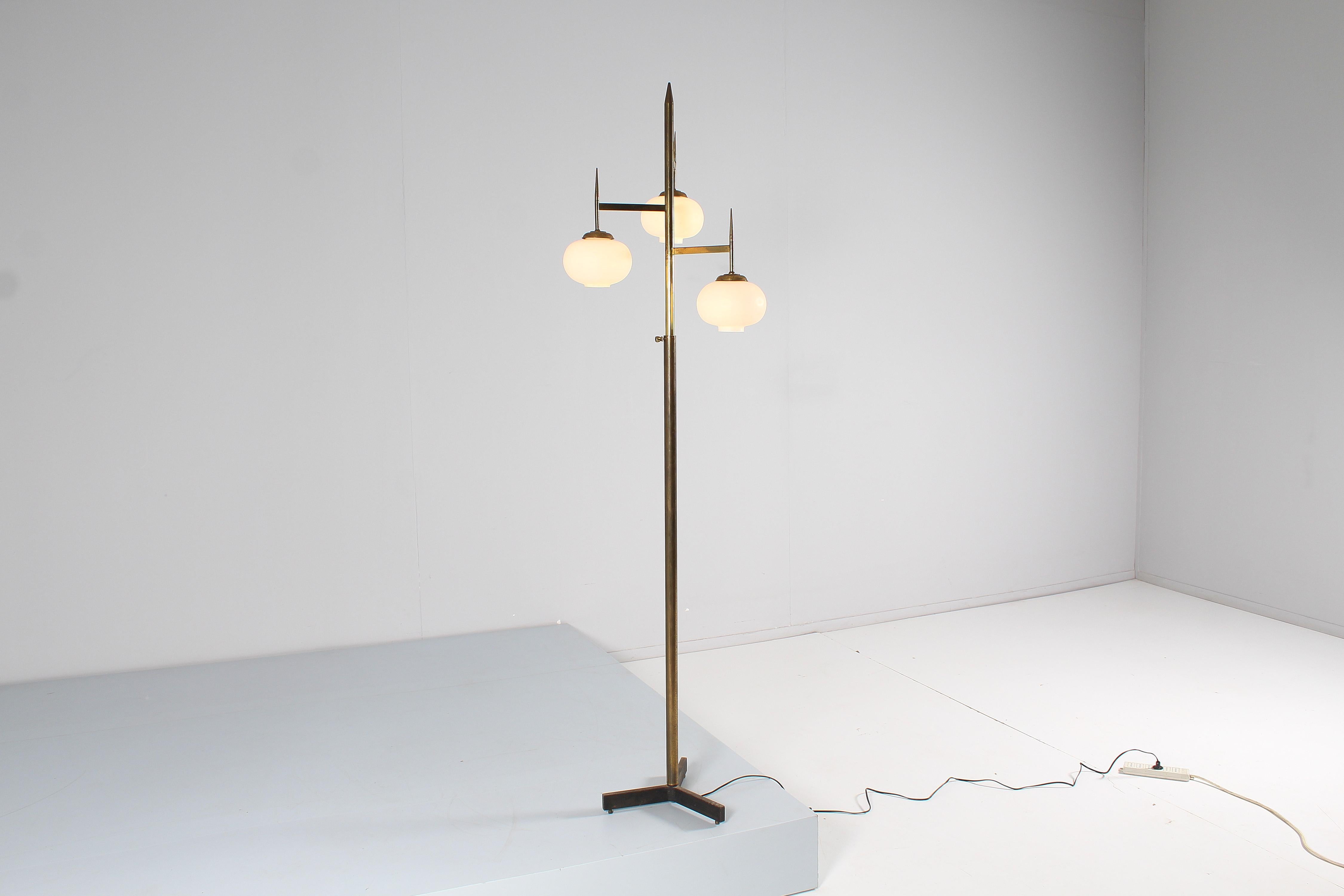 Mid-Century Stilnovo Brass and Satin Glass Floor Lamp, Italy 50s 6
