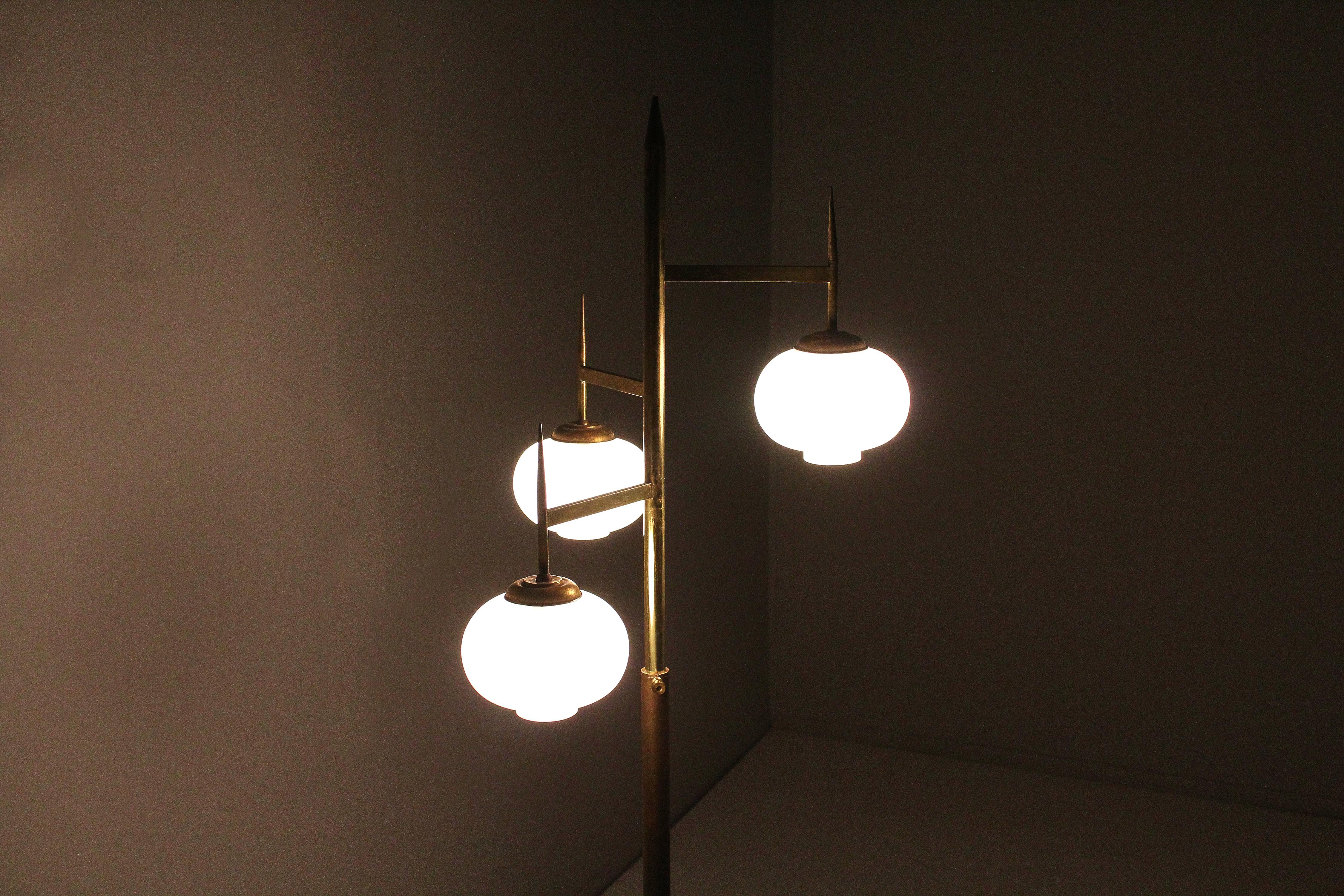 Mid-Century Stilnovo Brass and Satin Glass Floor Lamp, Italy 50s 11