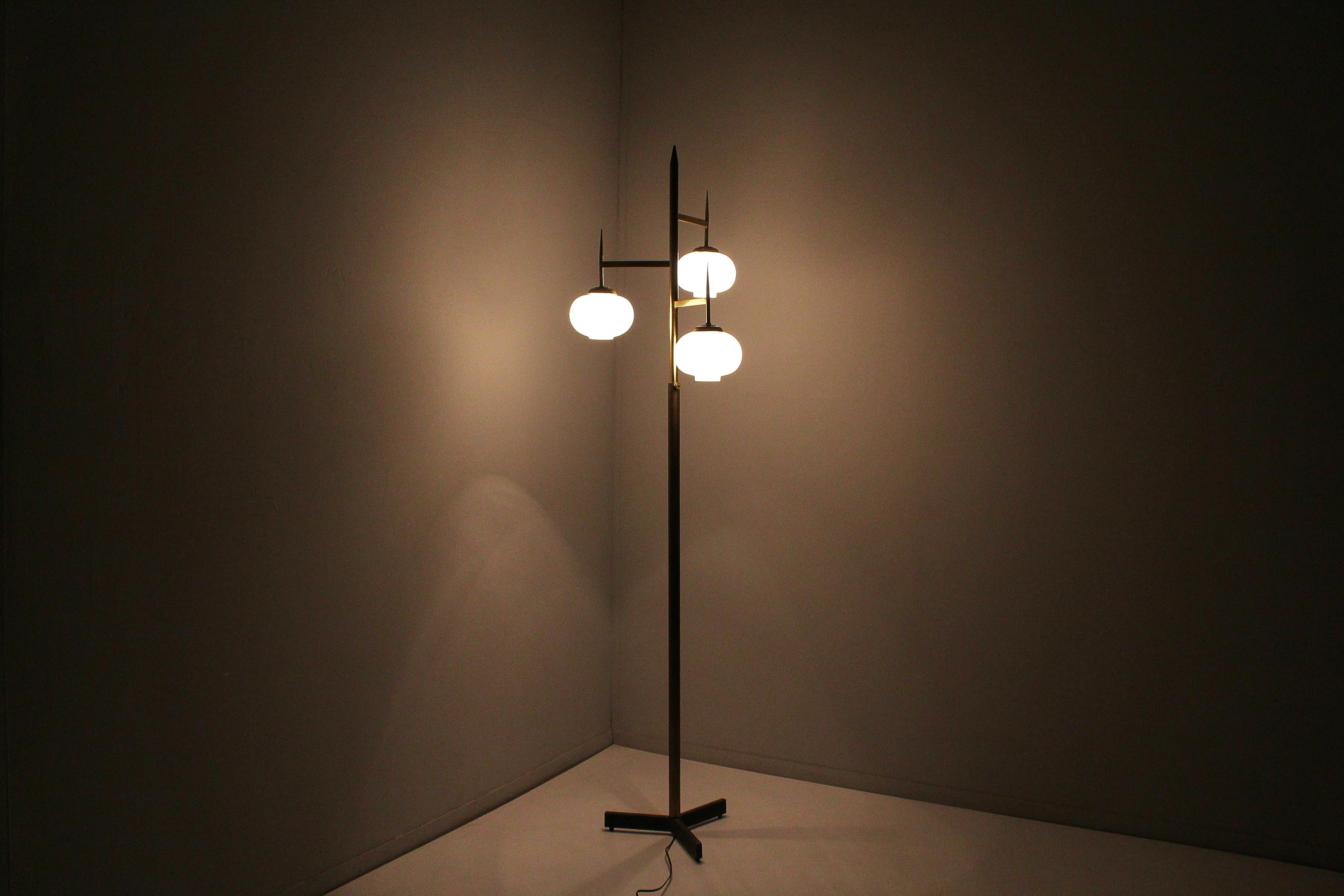 Mid-Century Stilnovo Brass and Satin Glass Floor Lamp, Italy 50s 13