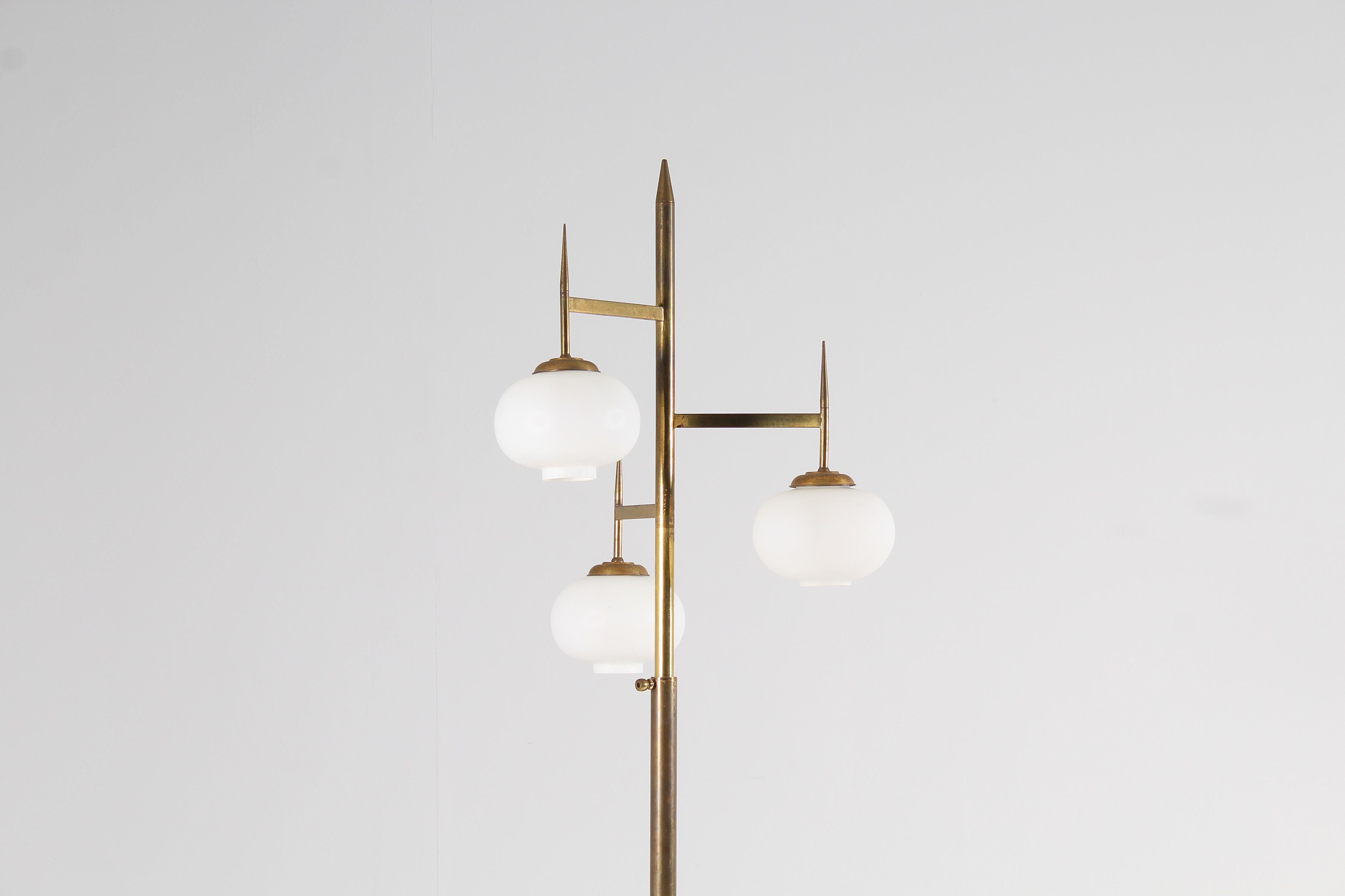 Mid-Century Modern Mid-Century Stilnovo Brass and Satin Glass Floor Lamp, Italy 50s
