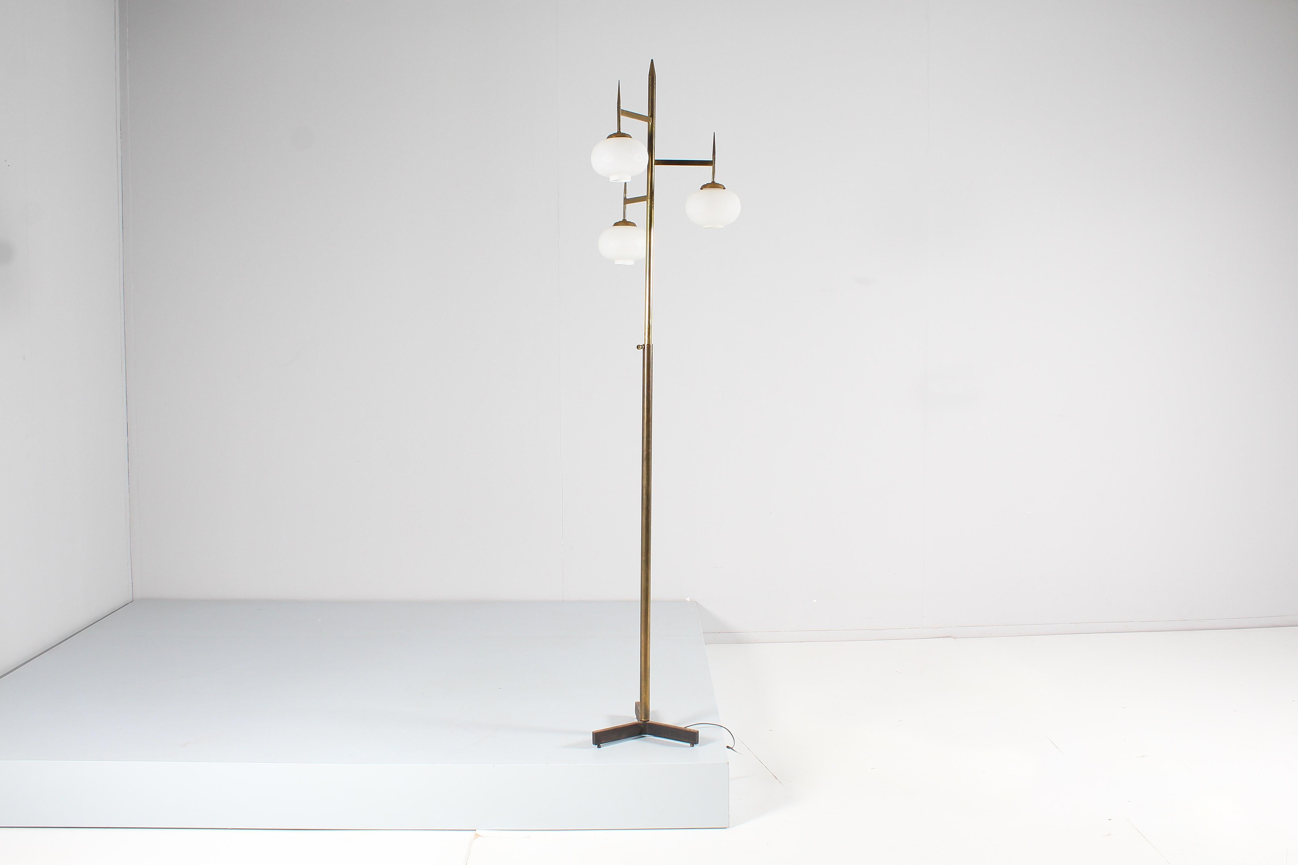 Mid-Century Stilnovo Brass and Satin Glass Floor Lamp, Italy 50s