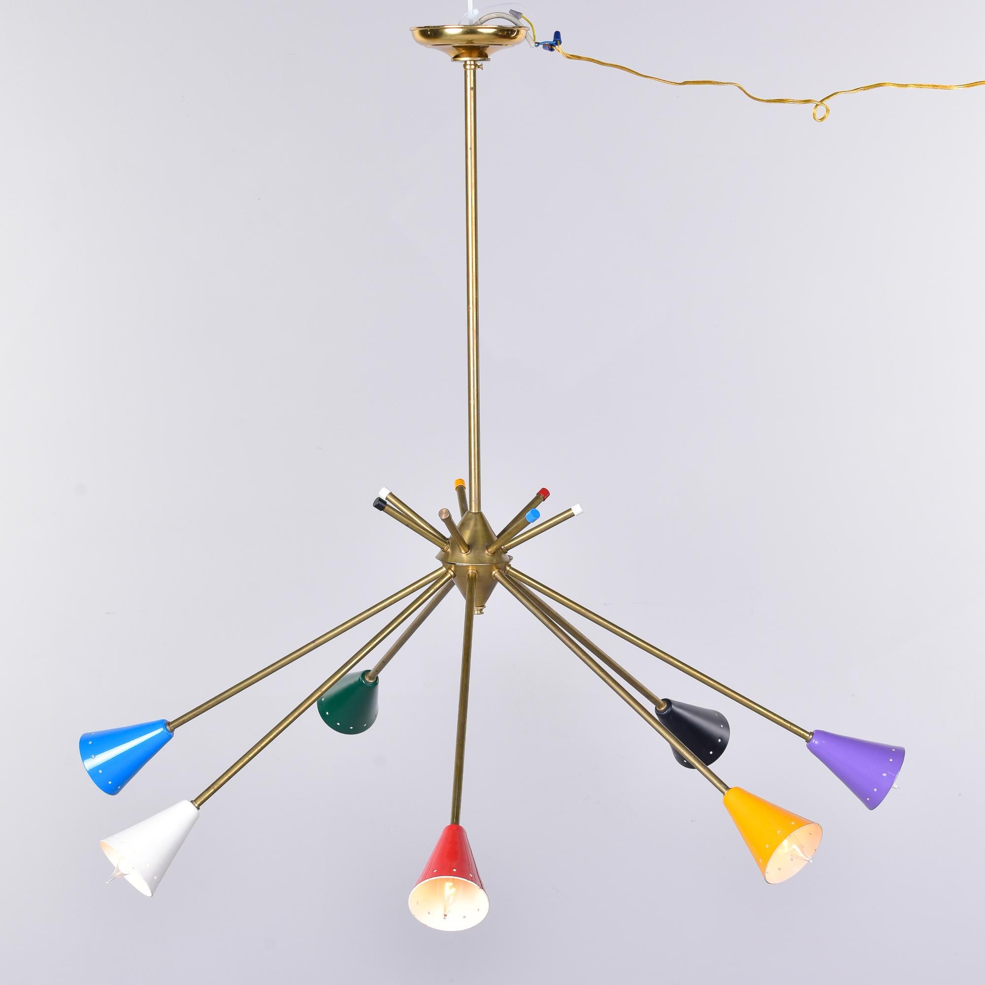 Mid Century Stilnovo Brass Seven Arm Fixture with Multi Color Shades For Sale 5