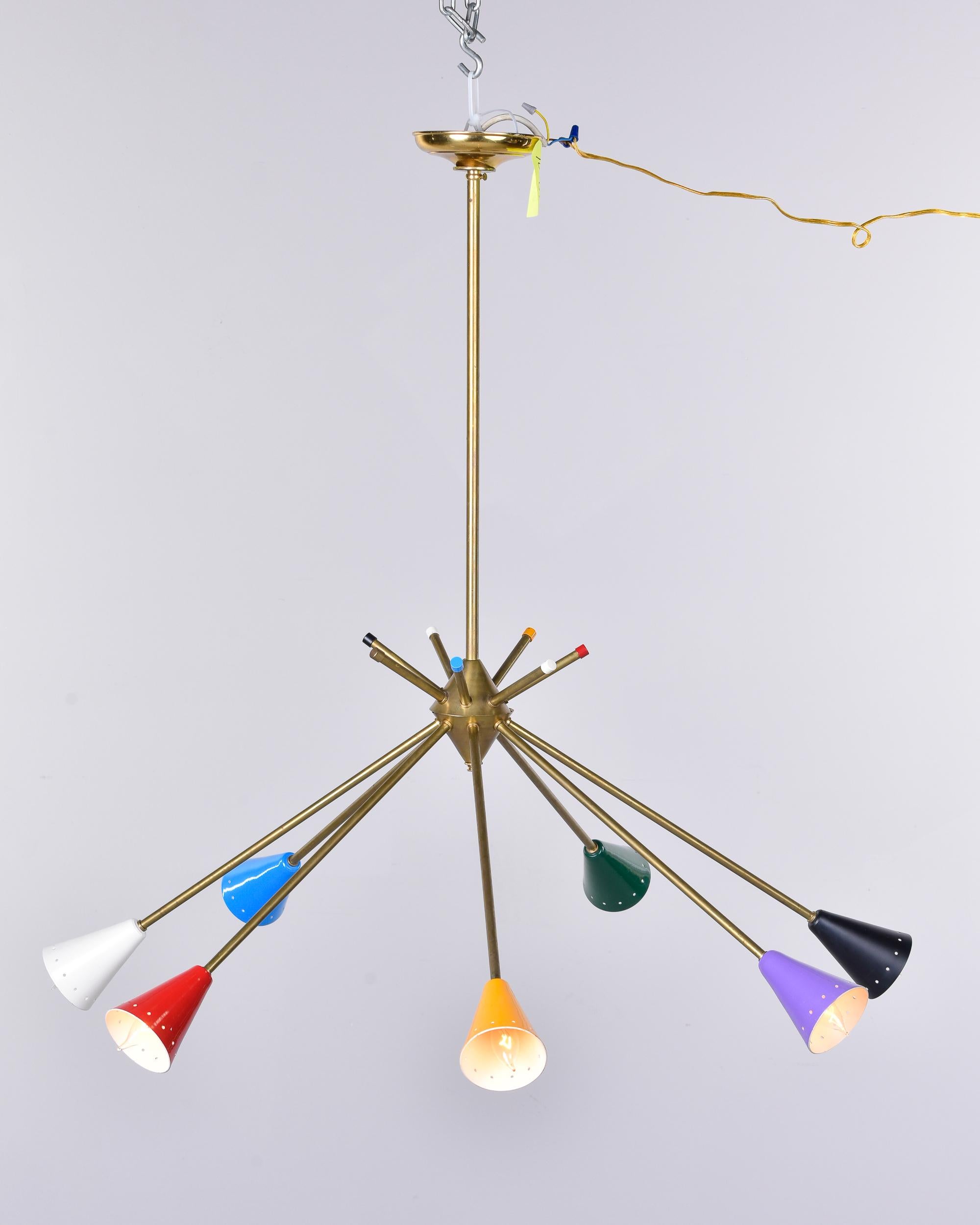 Mid-Century Modern Mid Century Stilnovo Brass Seven Arm Fixture with Multi Color Shades For Sale