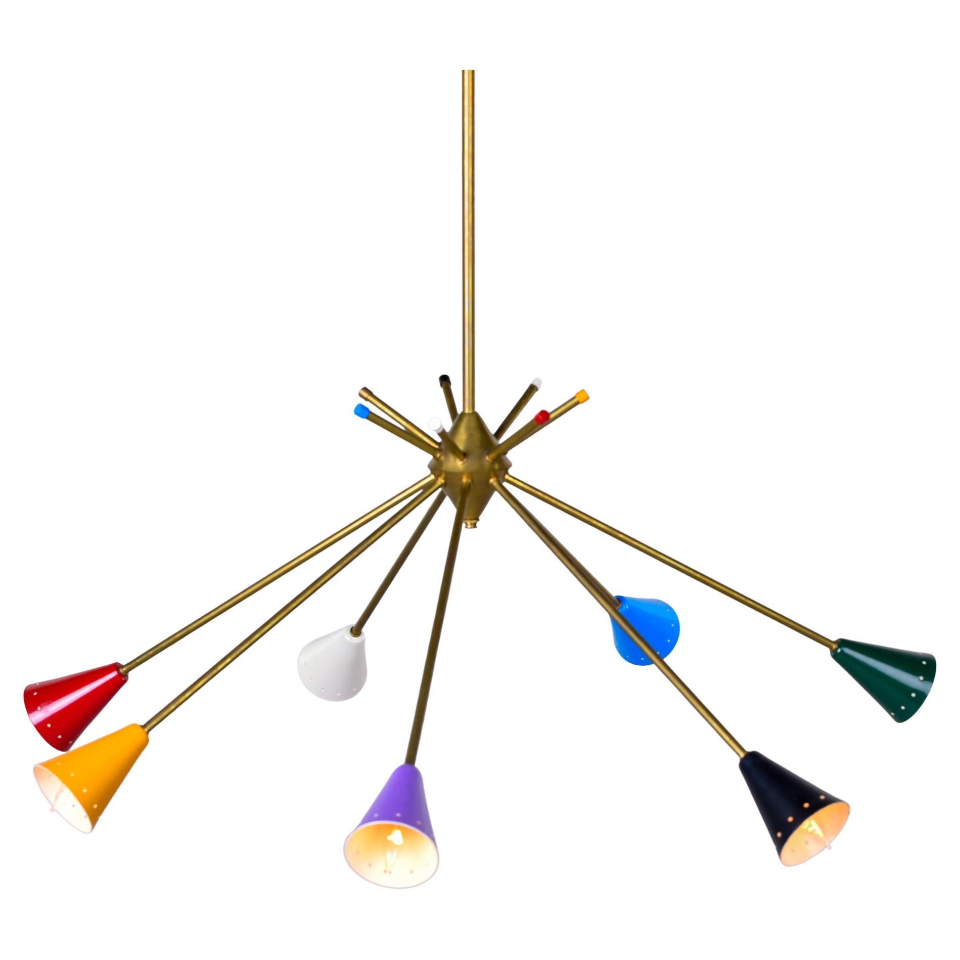 Mid Century Stilnovo Brass Seven Arm Fixture with Multi Color Shades For Sale