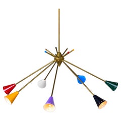 Mid Century Stilnovo Brass Seven Arm Fixture with Multi Color Shades