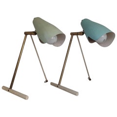 Midcentury Stilnovo Brass Table or Wall Lamps with Green Reflector Milano, 1950s