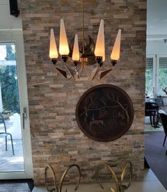 Mid-Century Stilnovo Chandelier, Brass and Teak, Italy 1950s