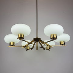 Mid-Century Stilnovo Chandelier with Brass and Opaline Glass, Italy 1970s