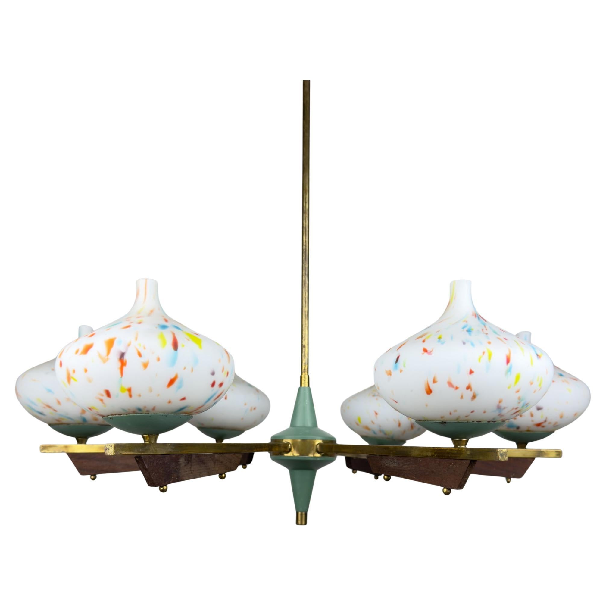 Stilnovo-Kronleuchter aus der Jahrhundertmitte mit Teakholz und Murano-Glas, Italien 1940-50er Jahre im Angebot