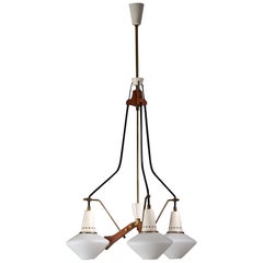 Mid-Century STILNOVO Chandelier with Teak and Opaline Glass