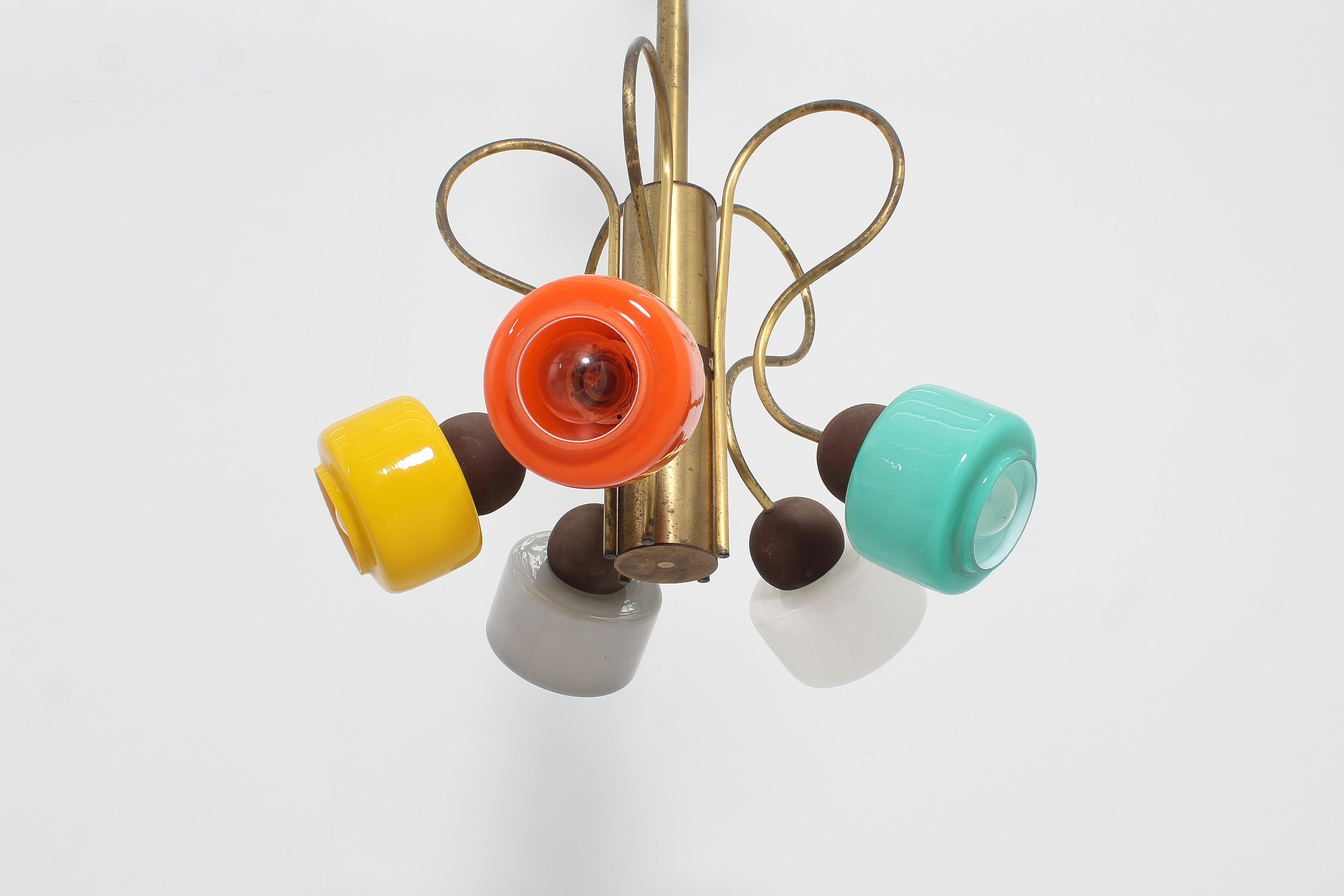 Mid-Century, Stilnovo Coloured Glass and Brass Chandelier, 1950s, Italy For Sale 4