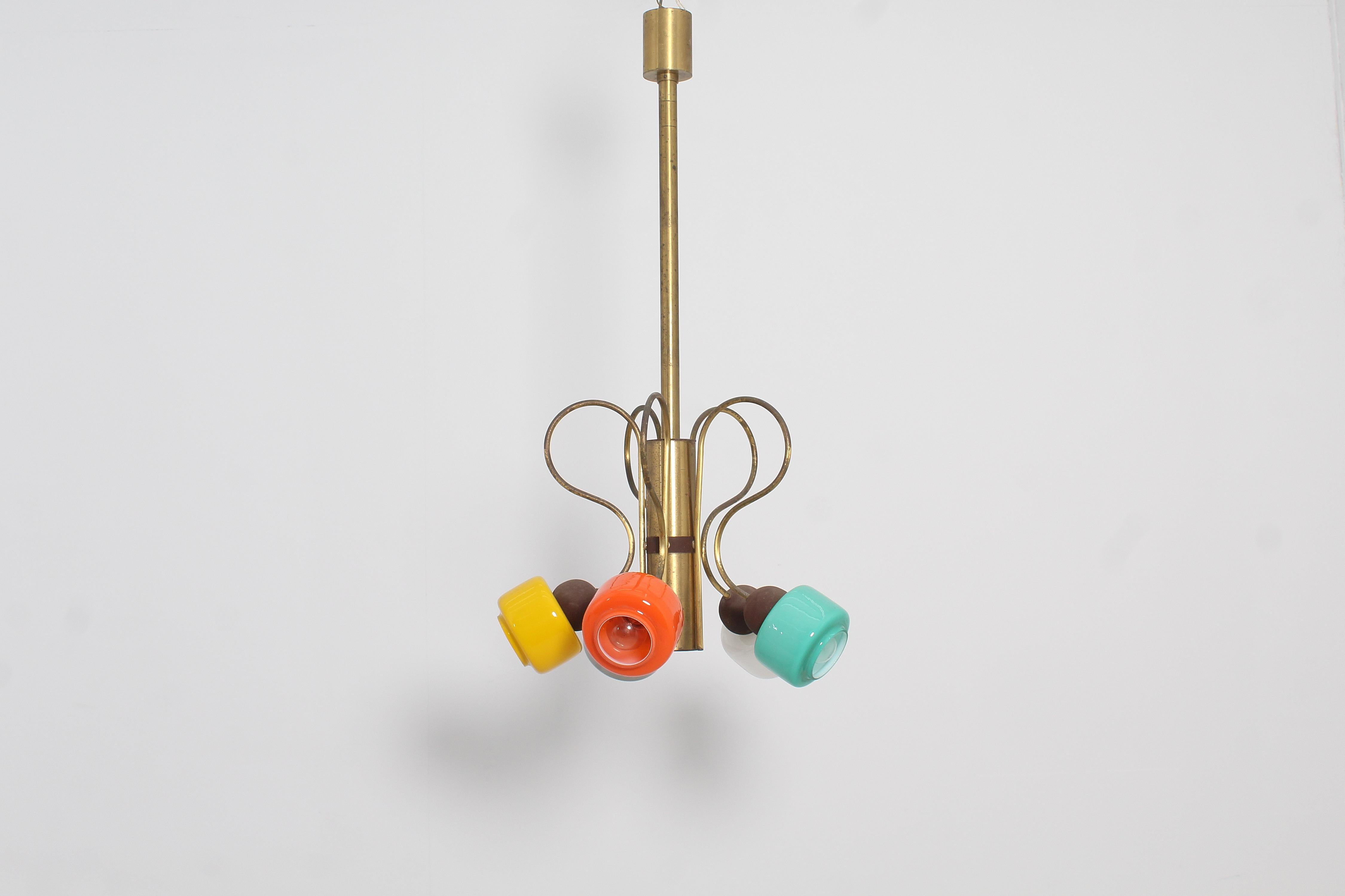 Italian Mid-Century, Stilnovo Coloured Glass and Brass Chandelier, 1950s, Italy For Sale